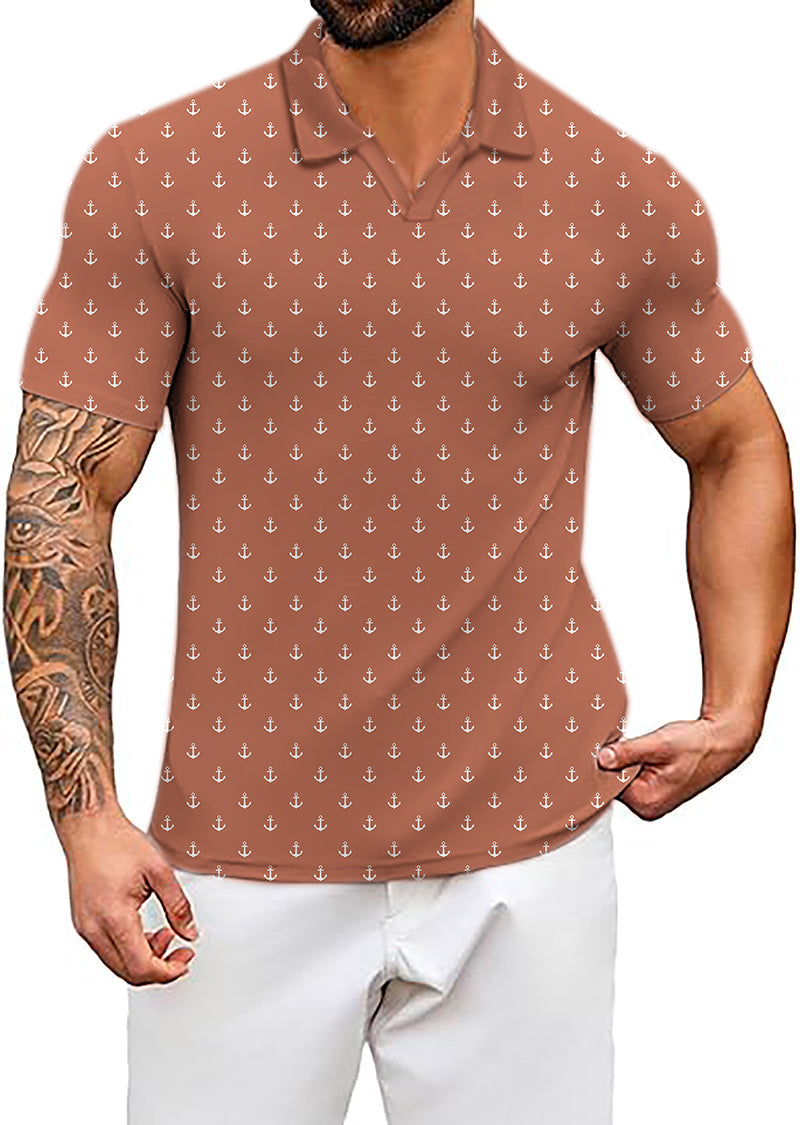 Men's Coconut Palm V dark orange anchor print polo shirt with classic fit and wrinkle resistant fabric