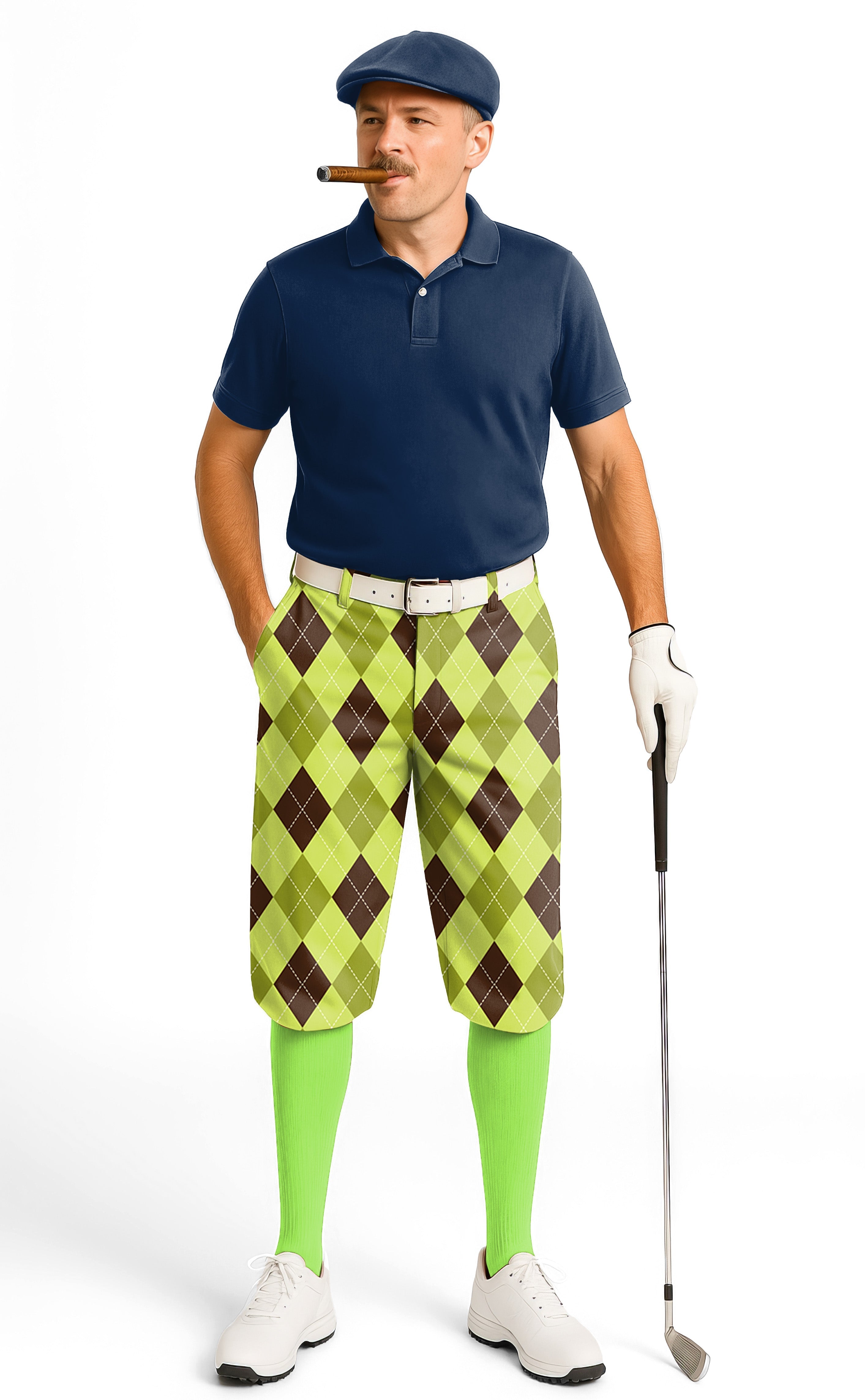 Yollow Argyle-Men's golf knickers with green and brown argyle pattern, snug ankle cuffs, and adjustable Velcro waist.