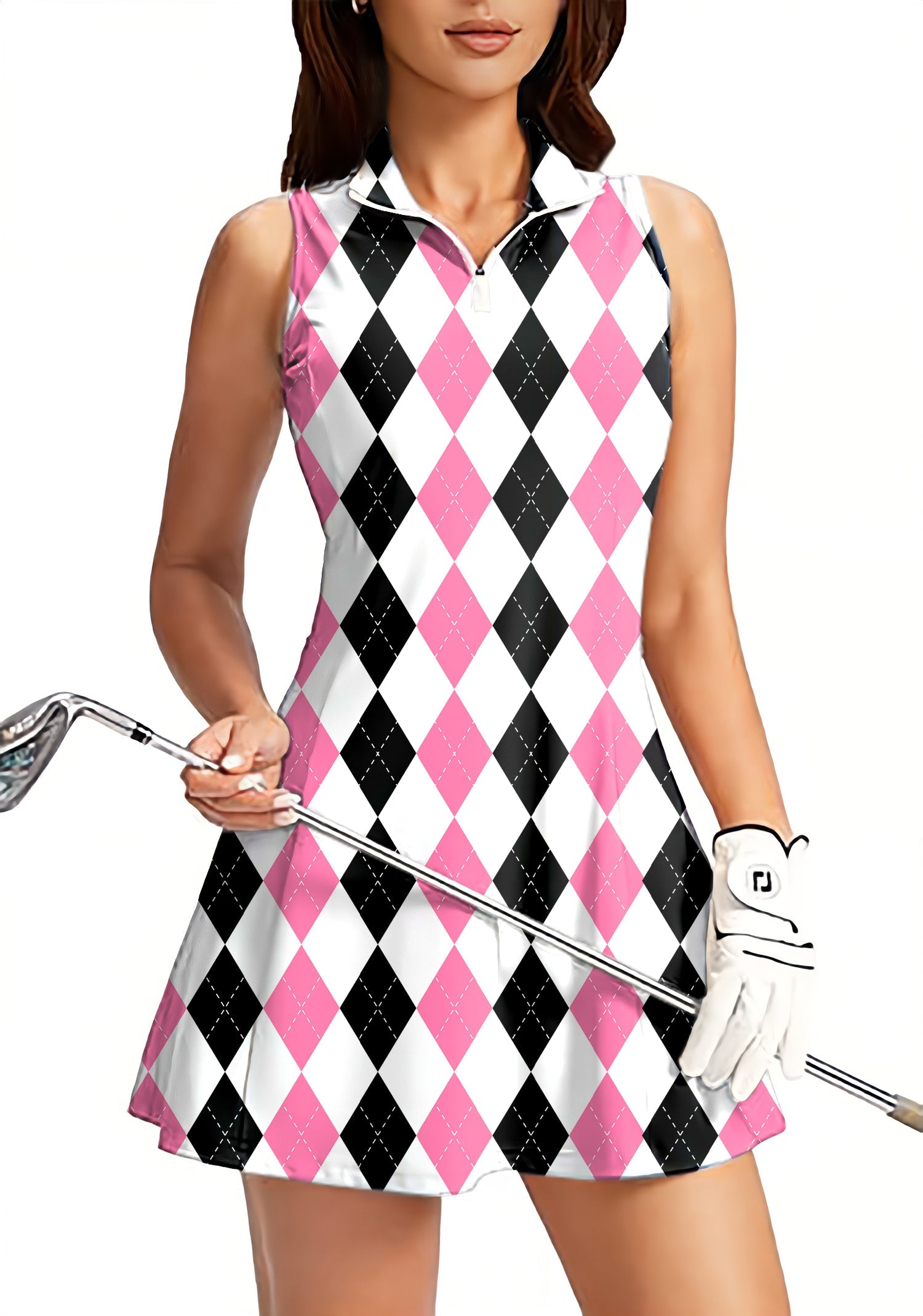 Women's golf sleeveless zipper dress with pink and black argyle pattern and built-in shorts