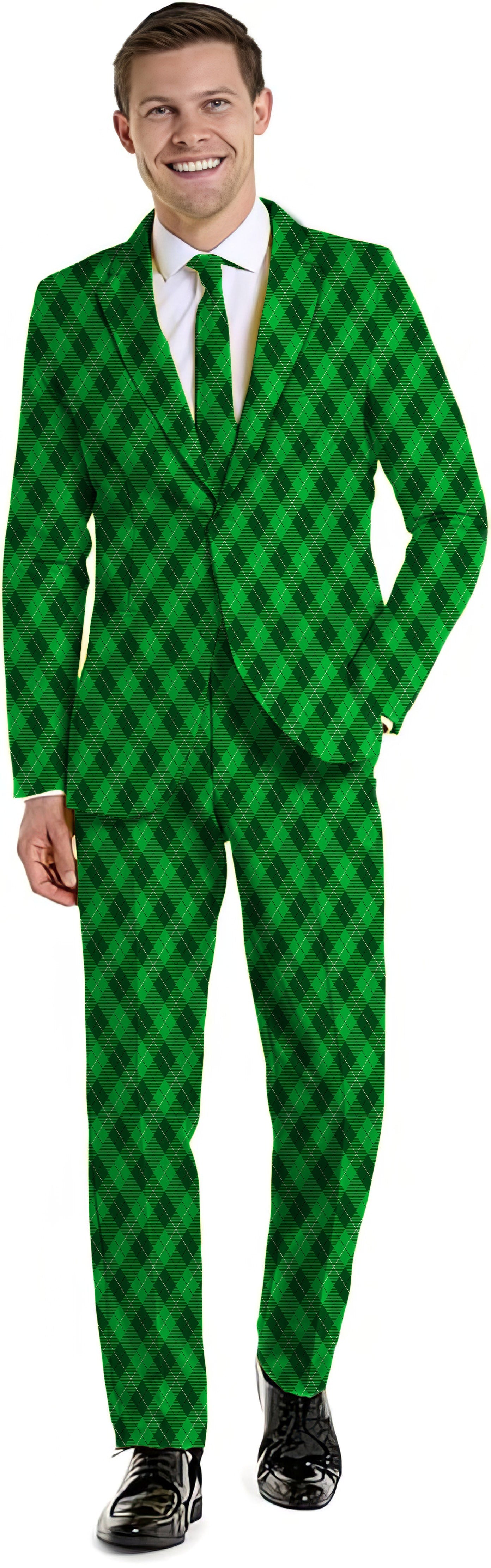 St. Patrick's Day men's green plaid suit with blazer, pants, and vest for themed party