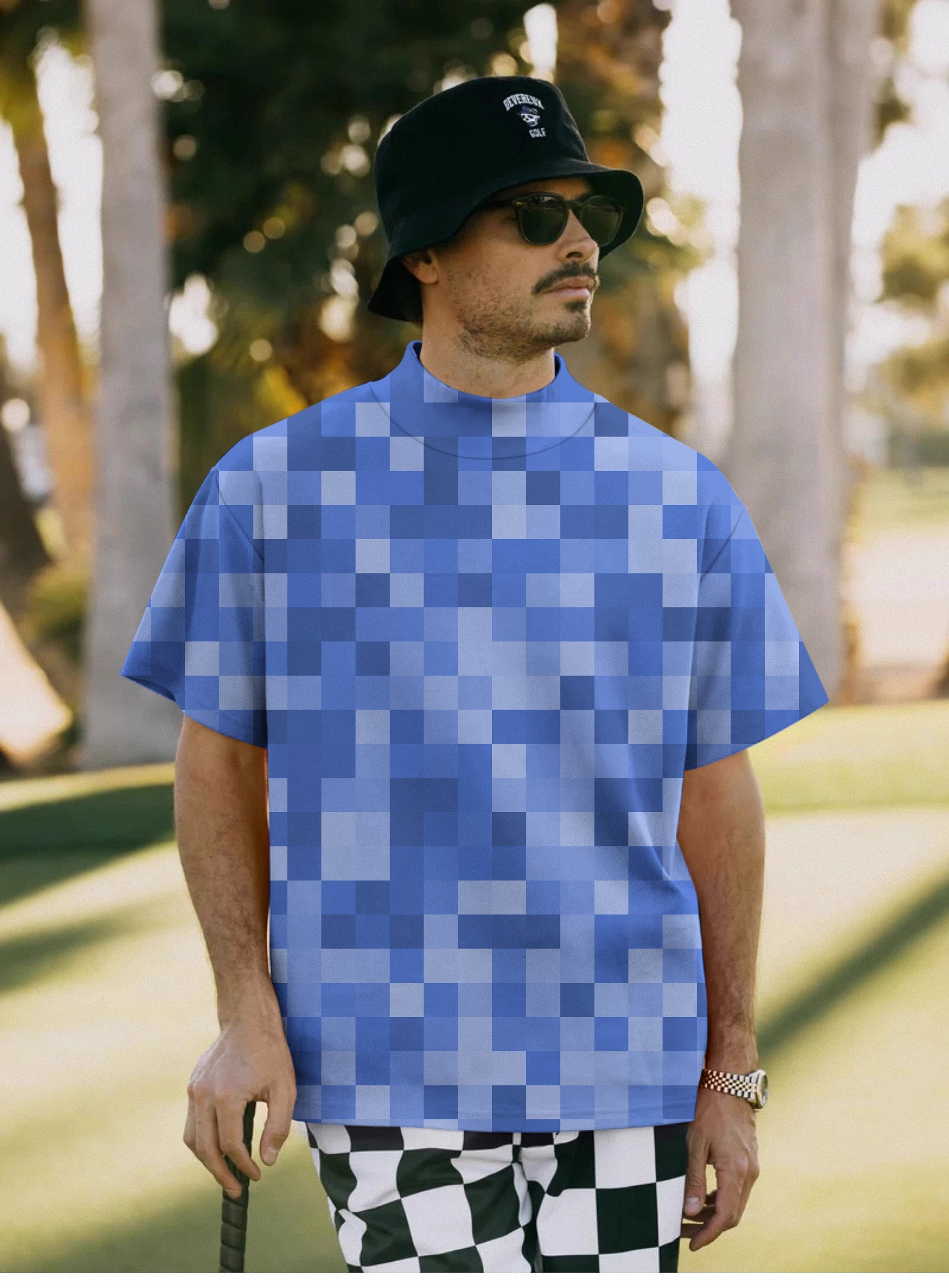 Men's navy blue pixel big pullover high neck short sleeve t-shirt golf outfit