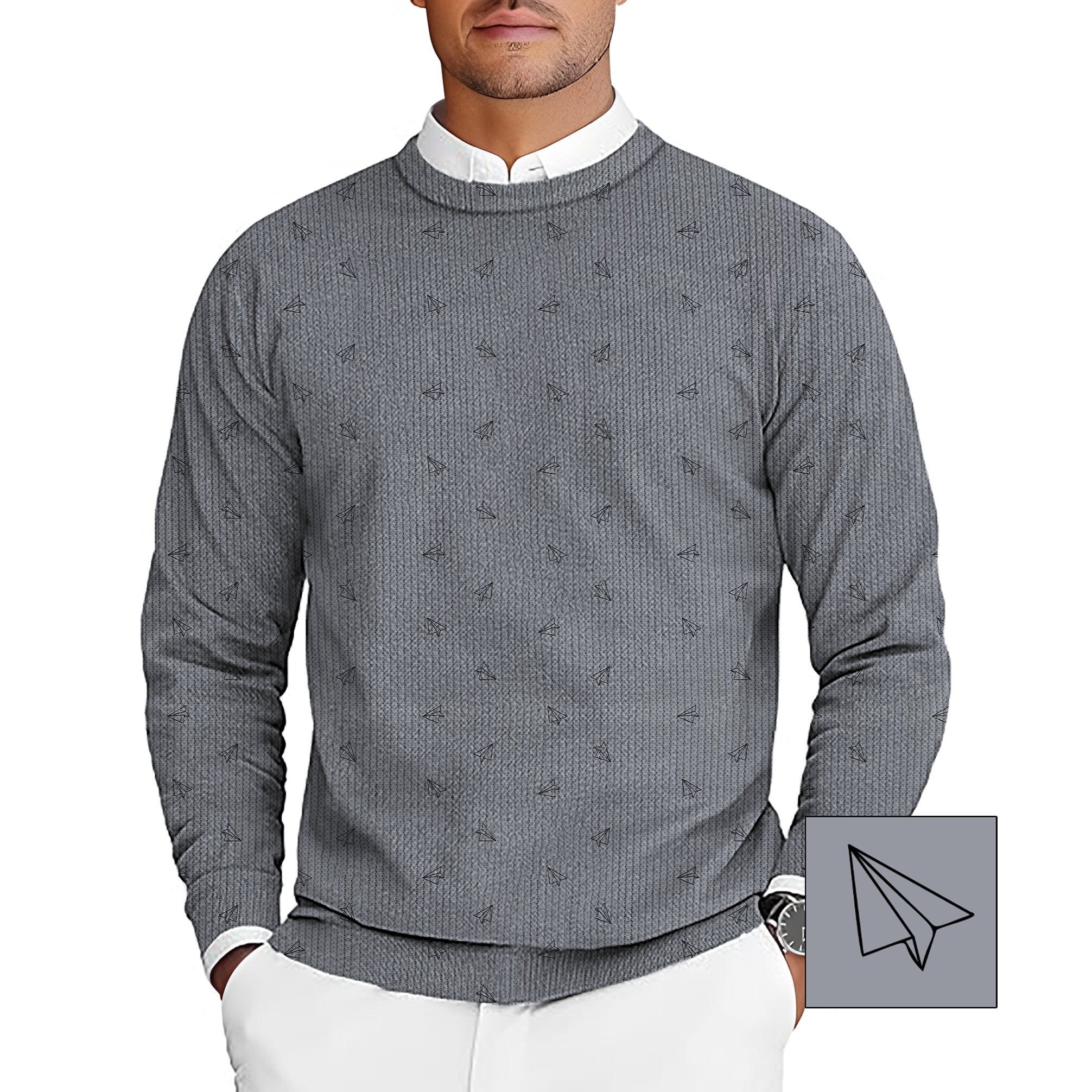 Men's gray crewneck pullover sweater with subtle paper airplanes pattern, customizable for golf teams