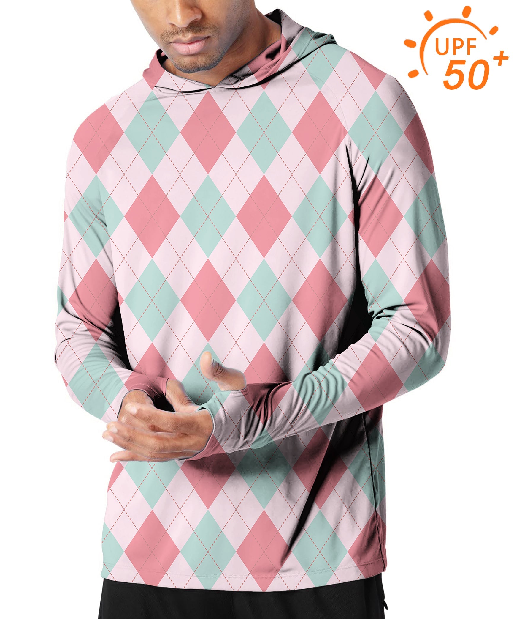 Men's outdoor pink argyle slim fit golf hoodie with UPF 50+ sun protection and thumb holes