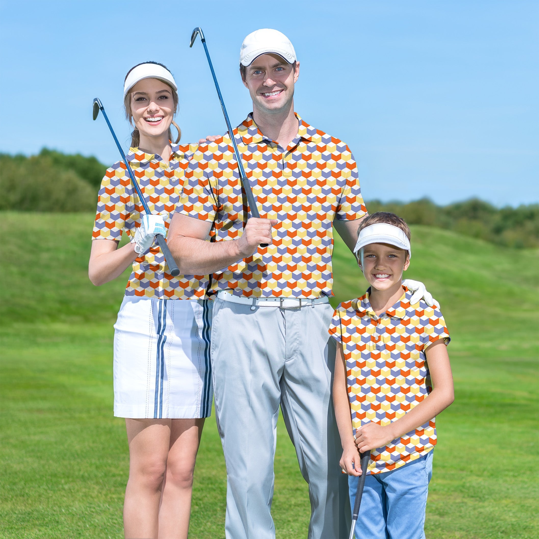 Family wearing colorful 3D square pattern golf shirts on golf course representing Golf Championship Trophy tournament
