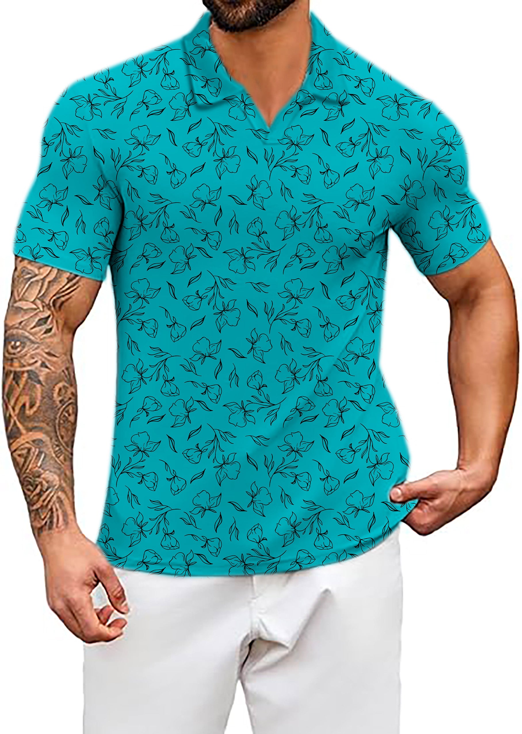 Men's flowers teal V Neck Golf Polo Shirts limited edition
