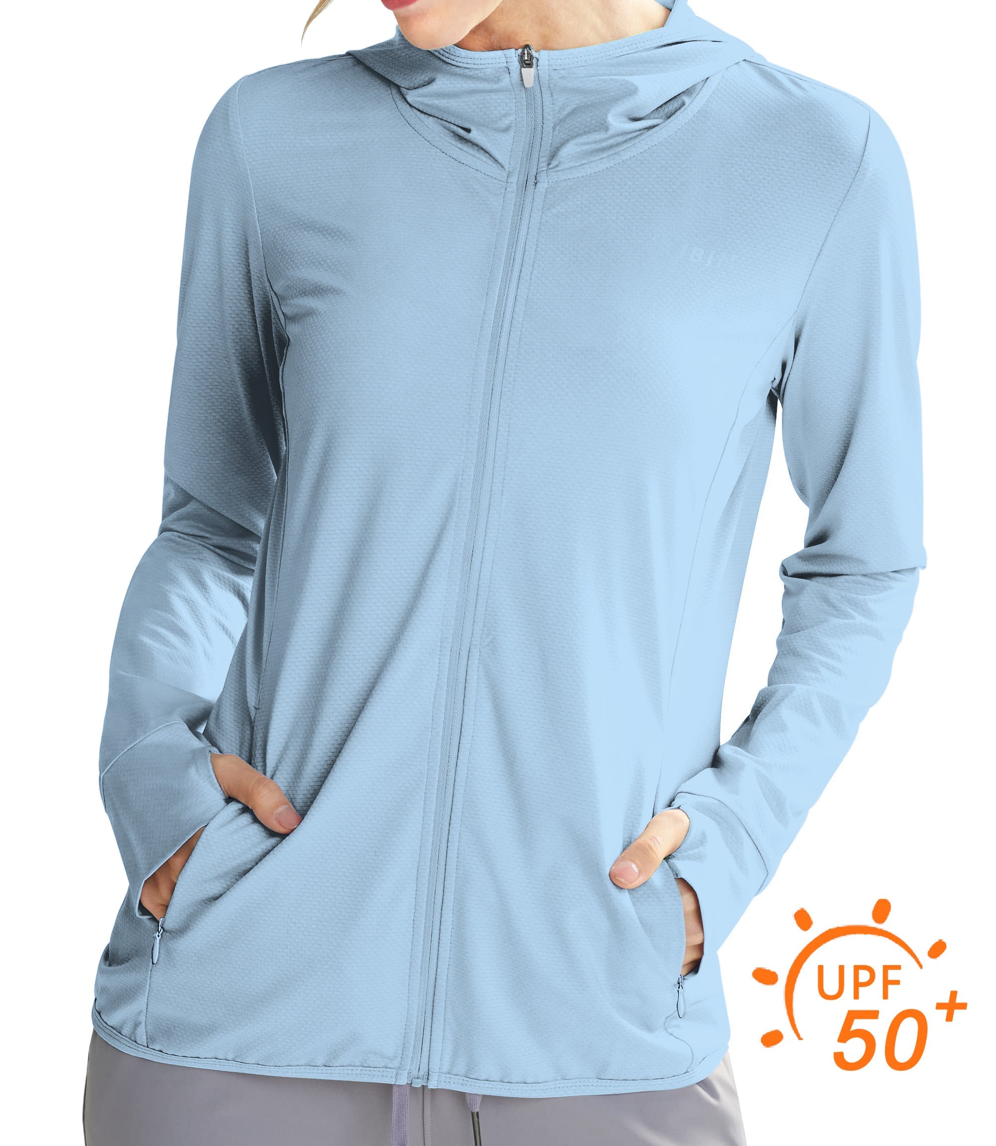 Women's outdoor slim fit sky blue zip hoodie with UPF 50+ sun protection