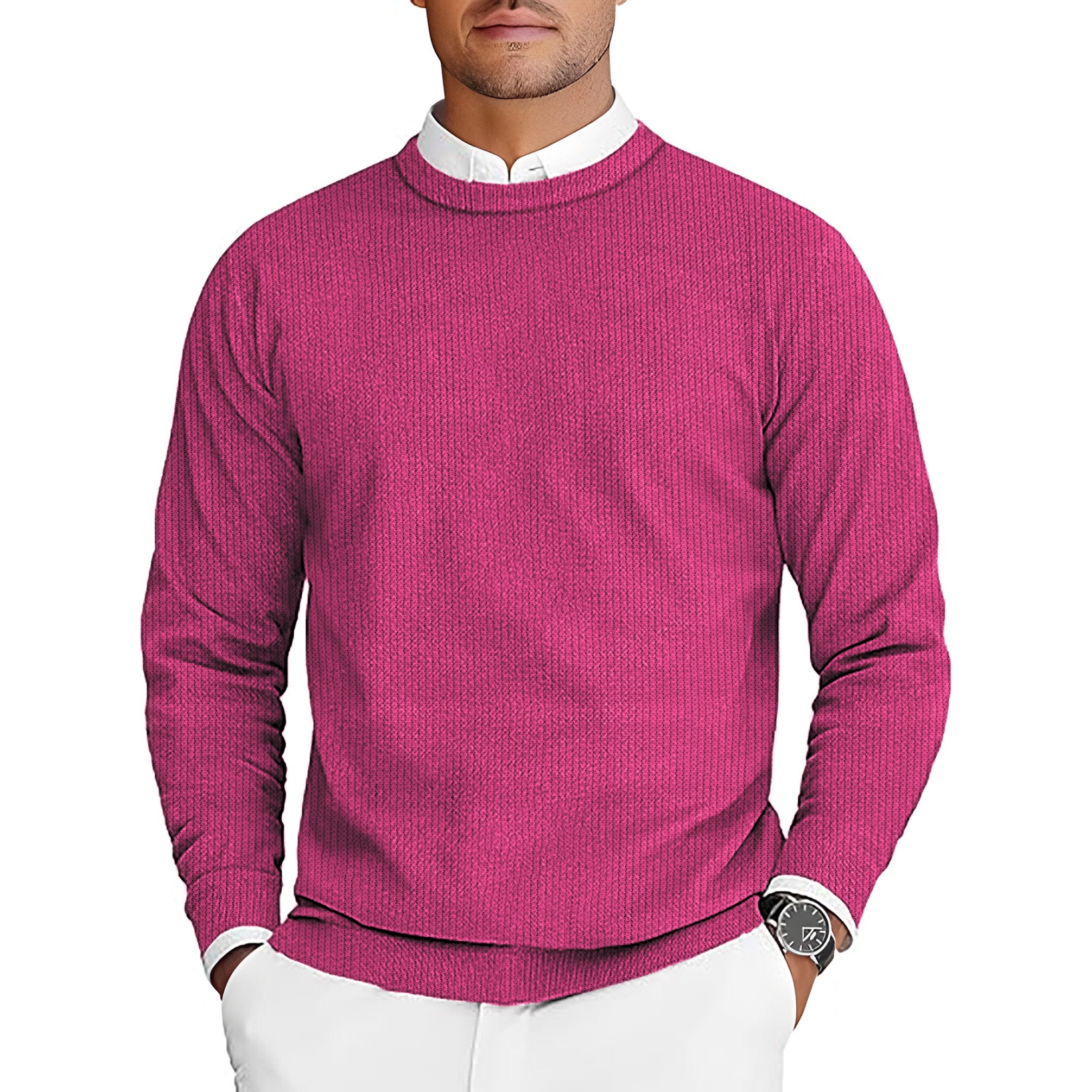men's fuchsia golf crewneck pullover sweater with long sleeves and casual fit