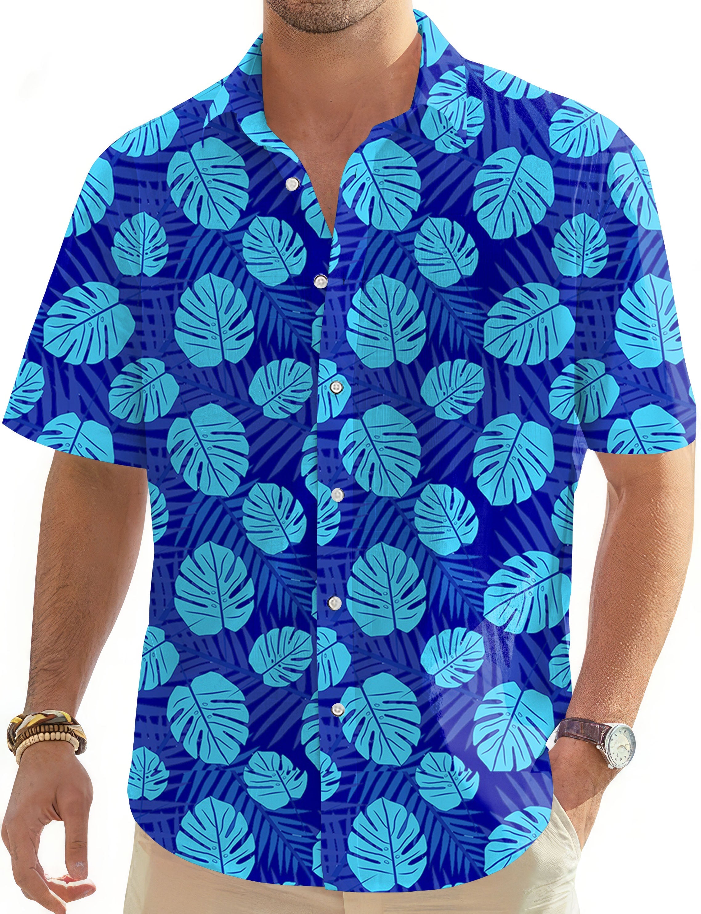 Aloha Havana-Men's blue Hawaiian button-down golf shirt with short sleeves and leaf pattern