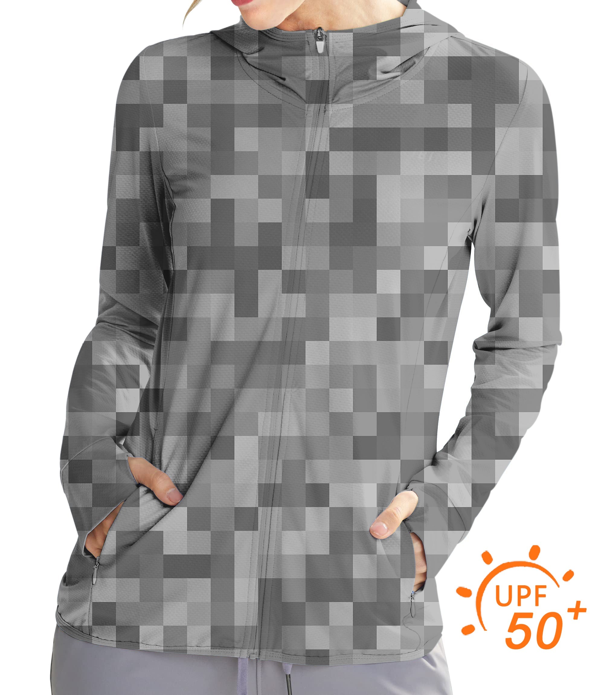 Women's outdoor grey pixel big golf zip hoodie with UPF 50+ sun protection and slim fit design
