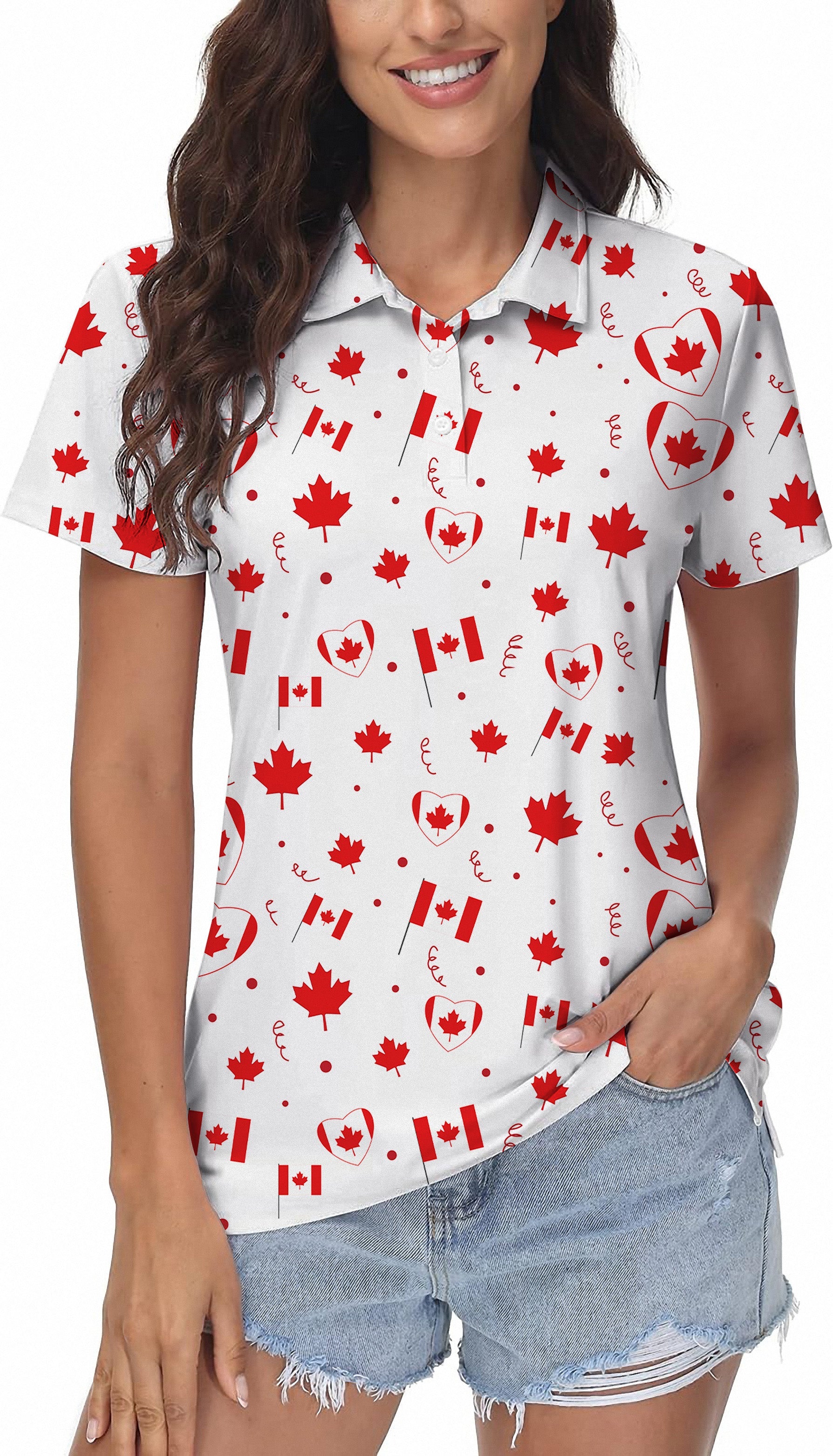 Canadian Patriotic Flag women's golf polo with customizable, moisture-wicking, wrinkle-resistant fabric and UPF 40+ protection