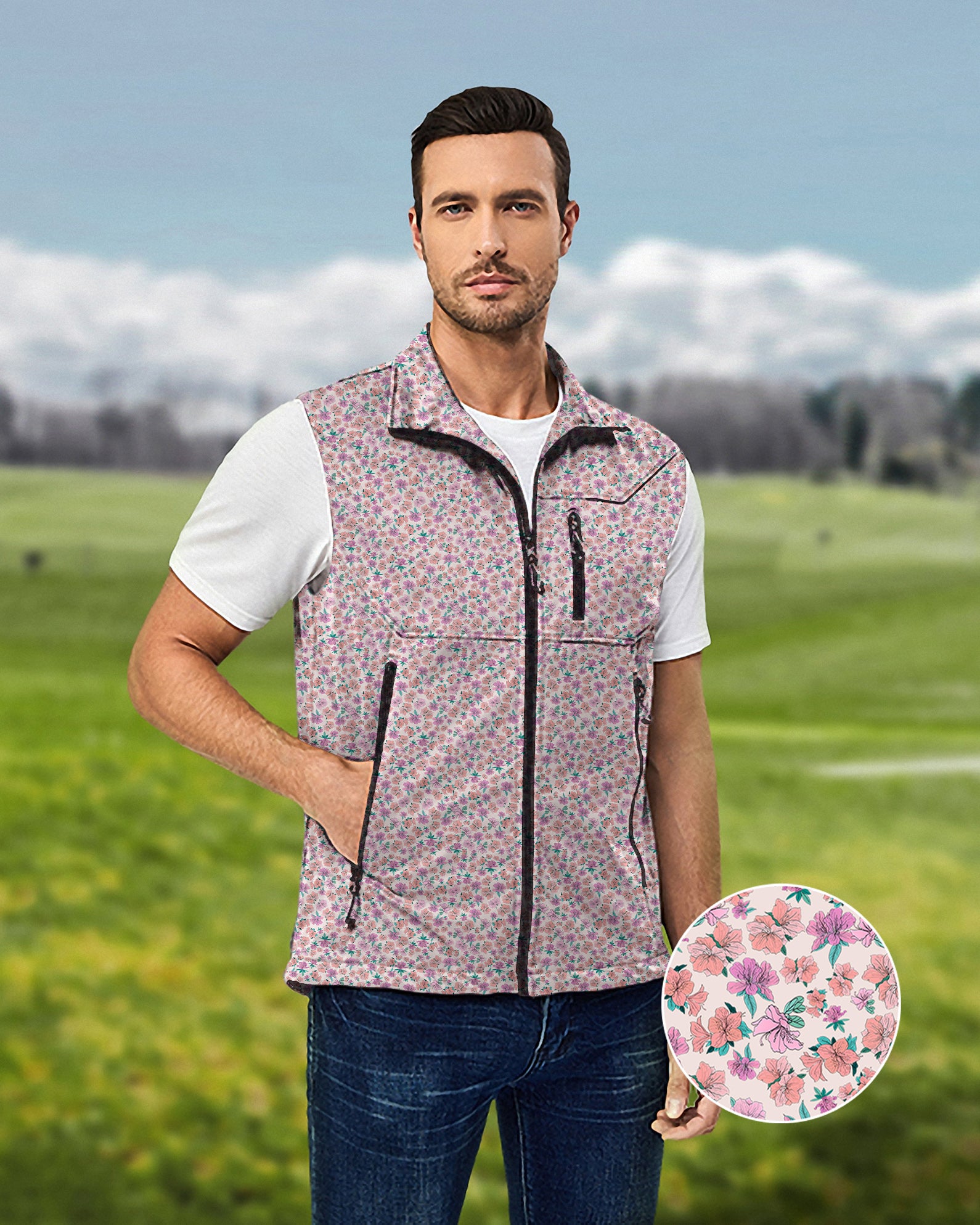 Men's Flower World Lightweight Softshell Vest Sleeveless Jacket for Golf Windproof Waterproof
