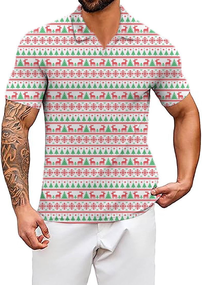 Men's Coconut Palm holiday-themed shirt with red and blue tree and ink dot pattern, wrinkle-resistant, moisture-wicking, and UPF 40+ protection.
