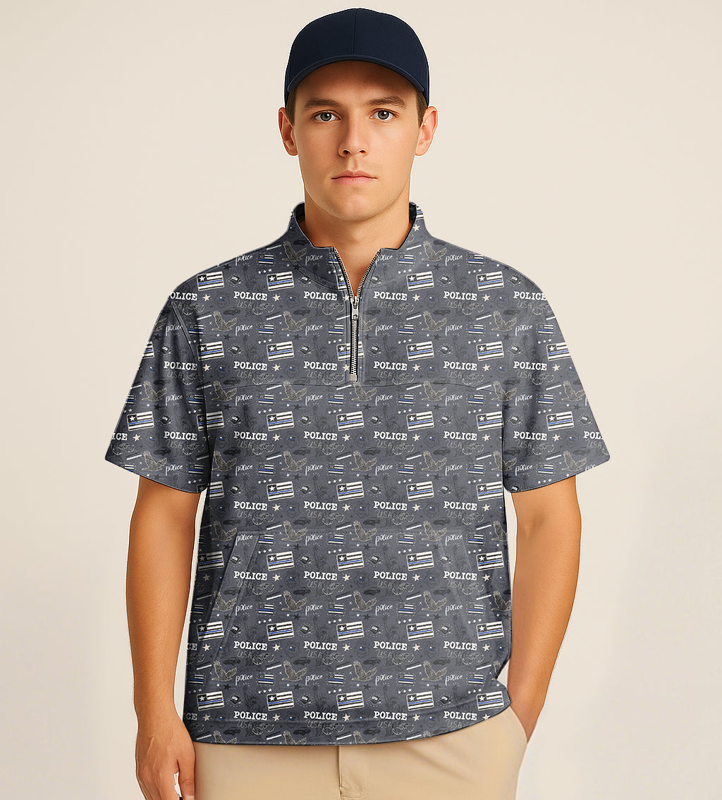 Half zipper turtleneck golf shirt with USA police flag quilting and embroidery