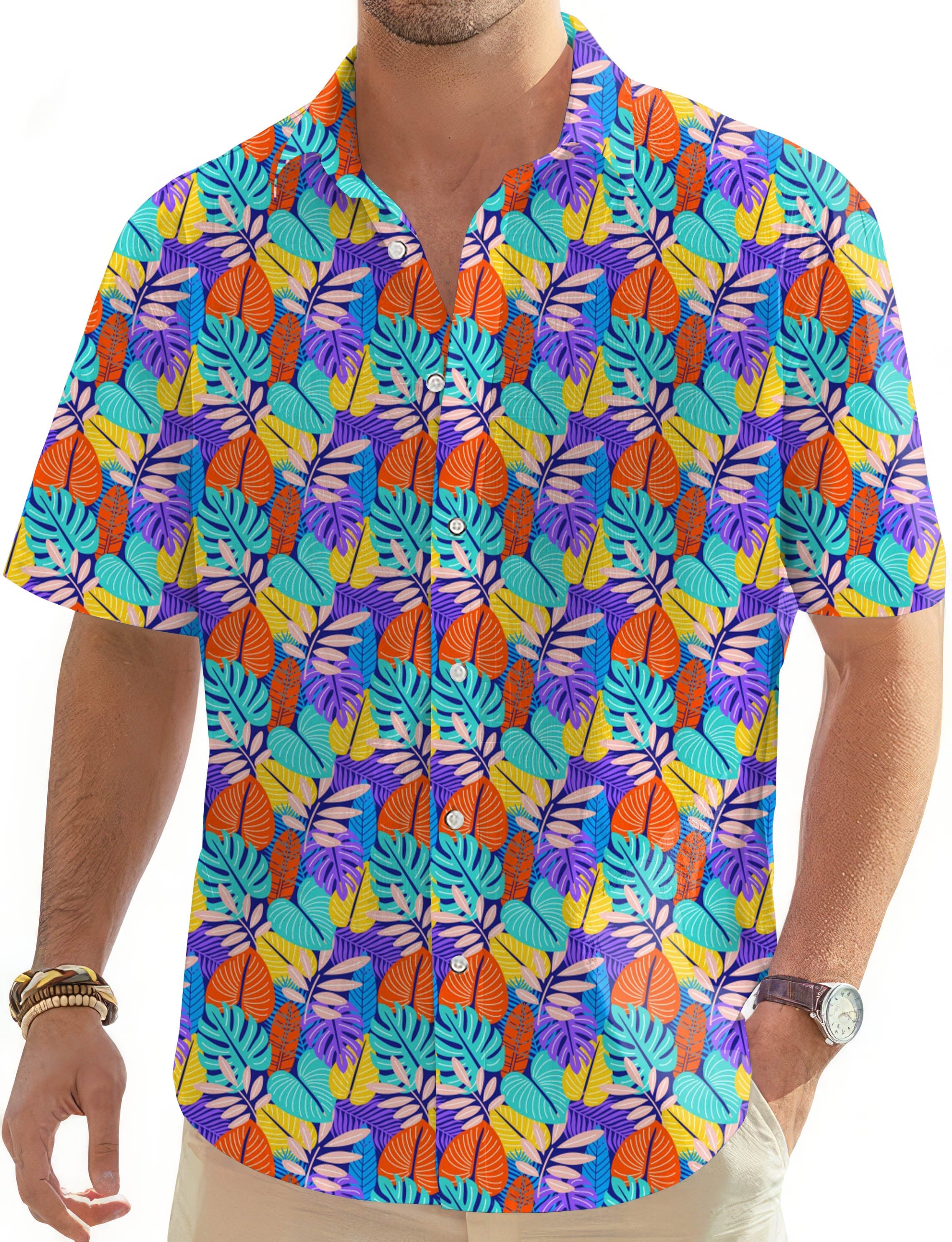 Men's tropical palm leaves Hawaiian button-down golf shirt with multicolor short sleeves