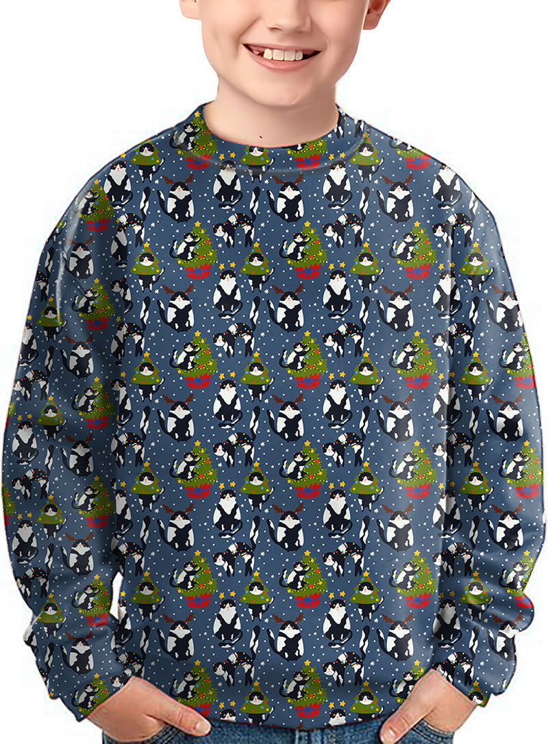 Kids Christmas black and white cat crewneck pullover ugly sweater with holiday pattern