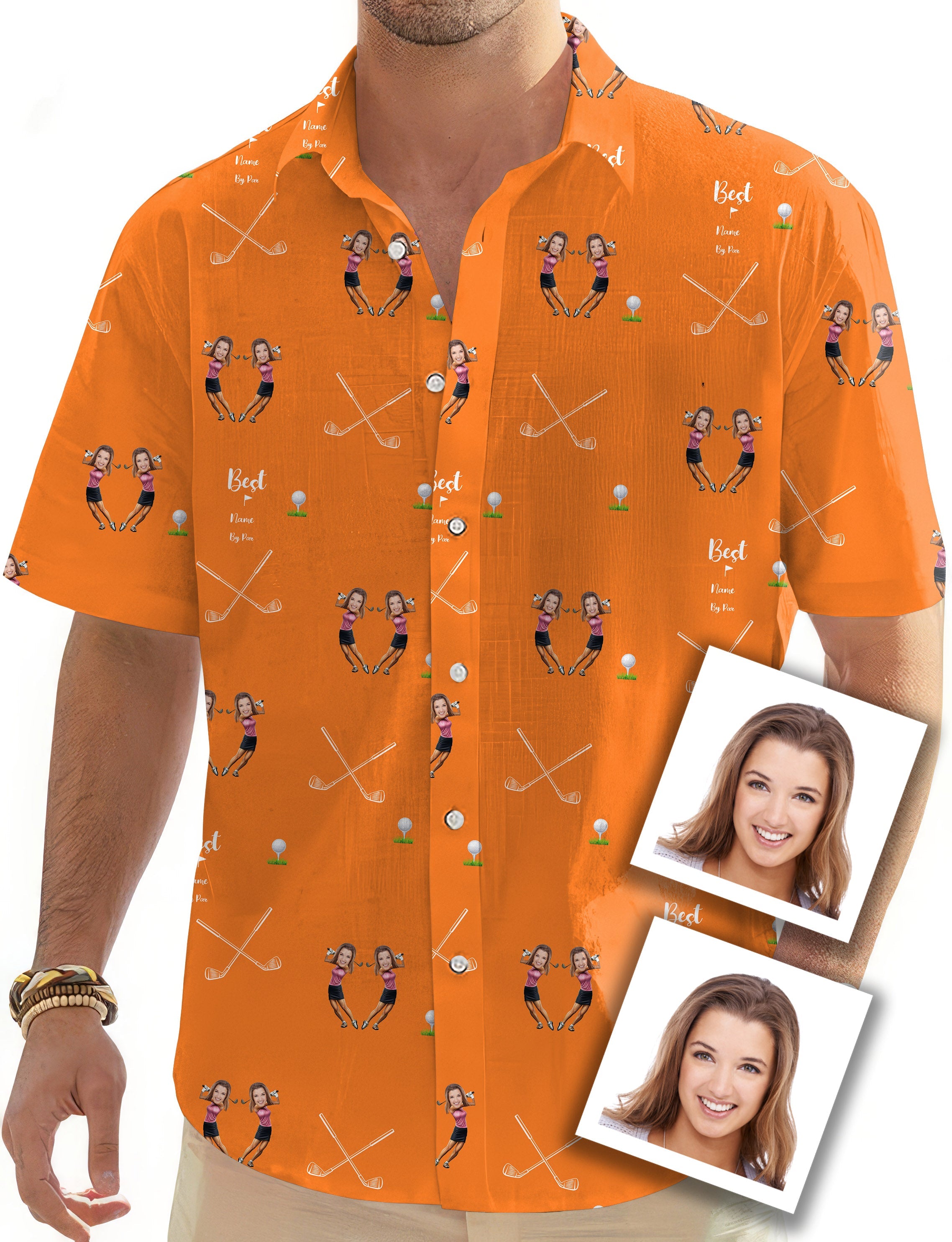 Custom sister photo men's orange Hawaiian golf shirt with button-down collar and short sleeves