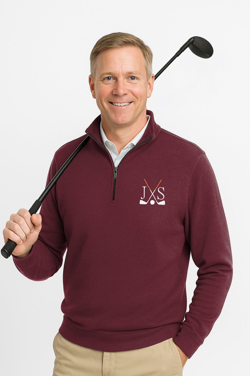 Dark red plus size men's high neck embroidered hoodie with front pouch pocket and rib knit cuffs