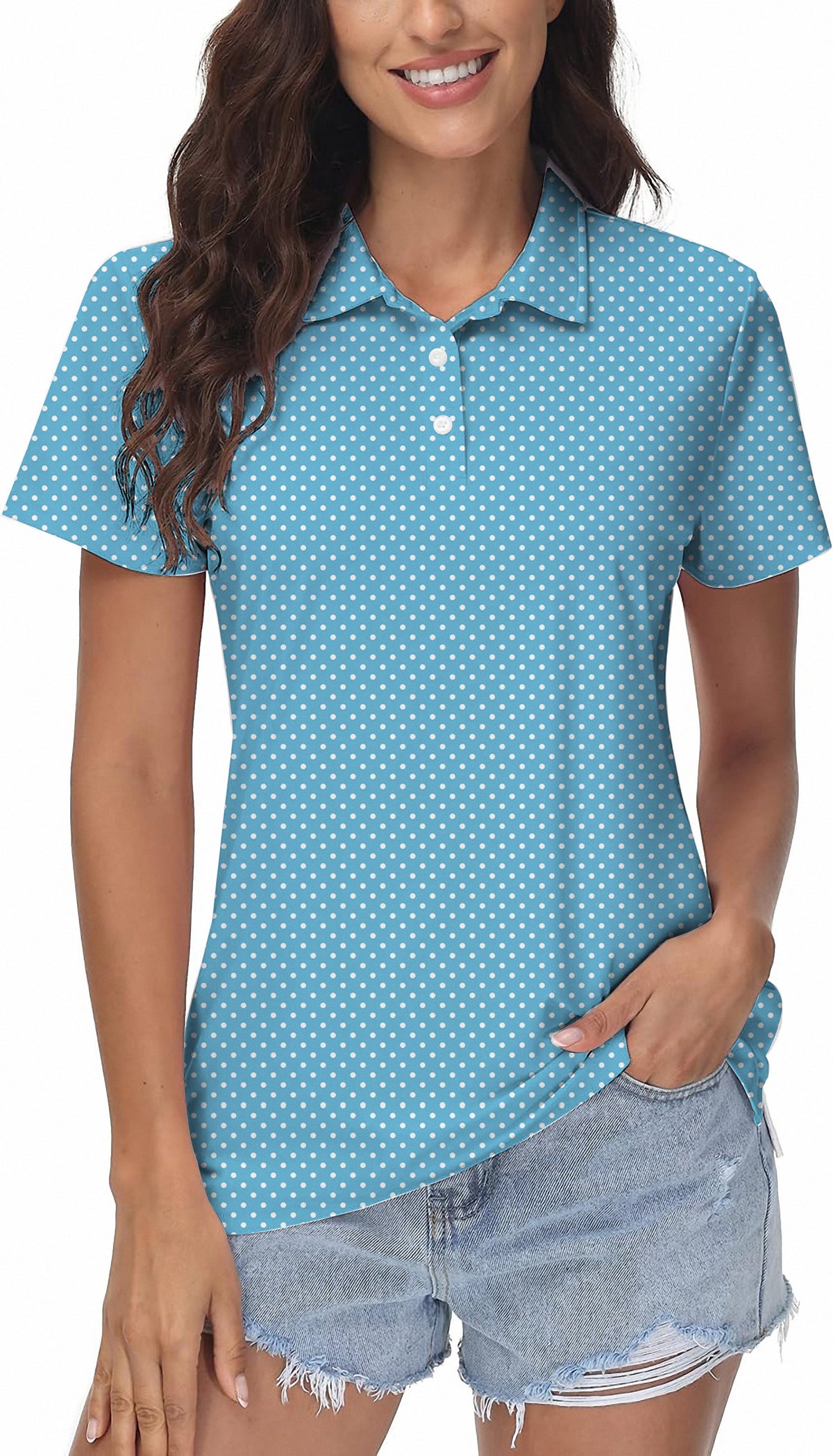 white polka dots blue background Women's Golf Polo