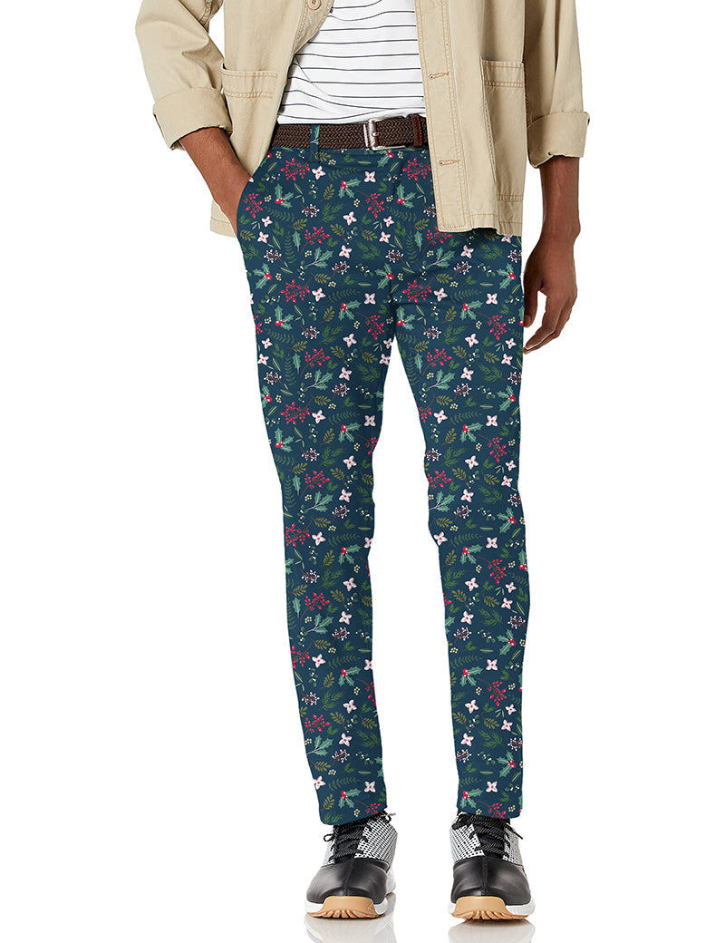 Men's Christmas holly stretch golf pants with moisture-wicking fabric and festive pattern
