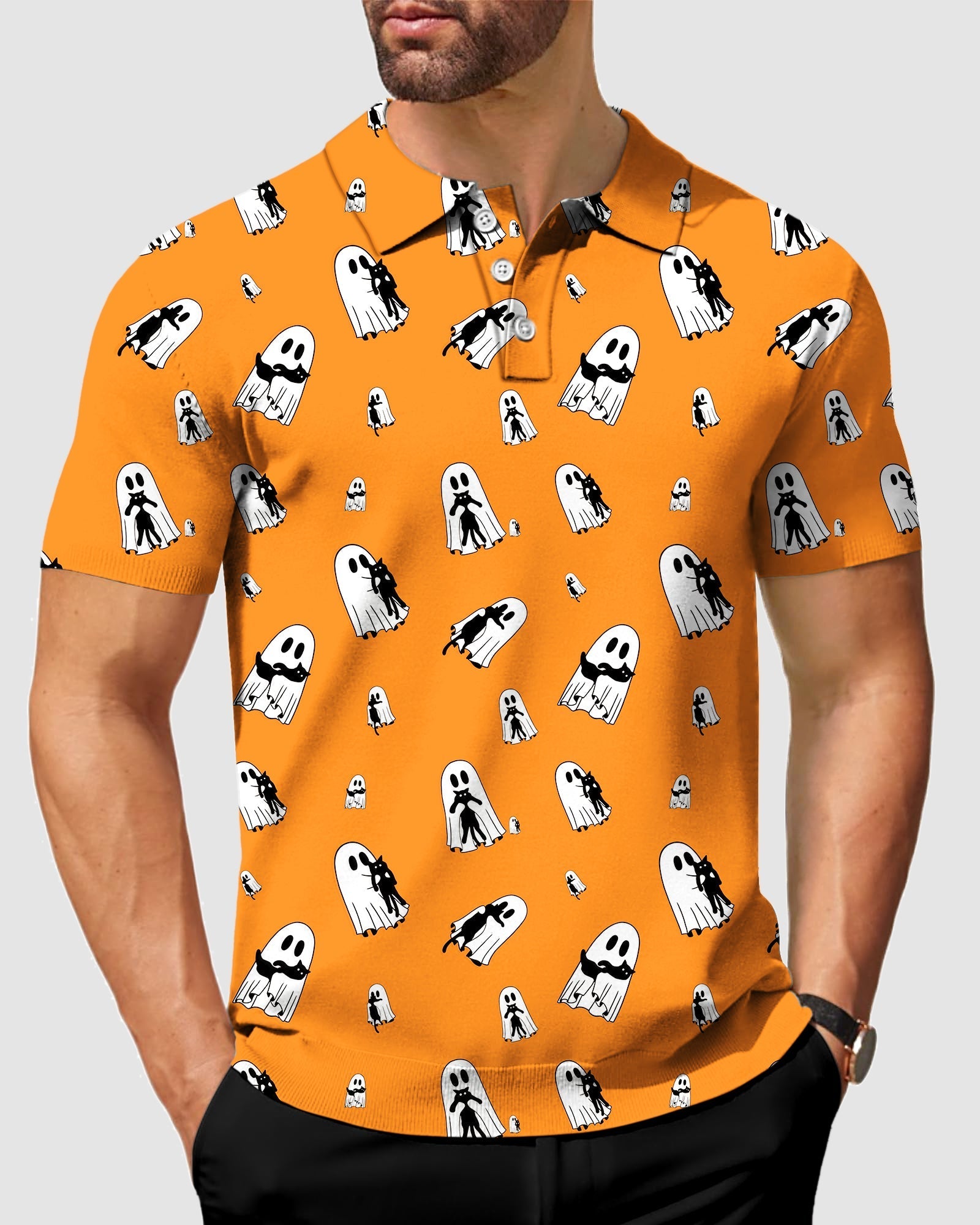 Men's Halloween ghost hug cat orange polo shirt with stretchy, moisture-wicking fabric and classic fit