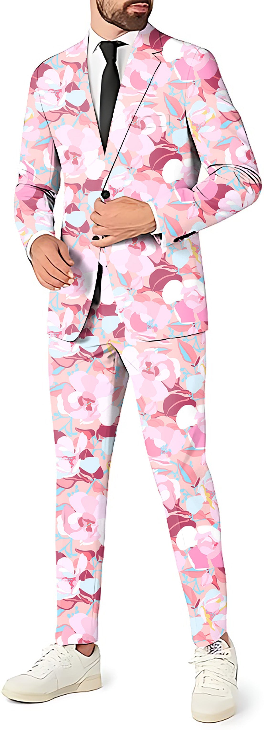 Summer camo men's party suit set with blazer, pants, and vest in pink camouflage pattern