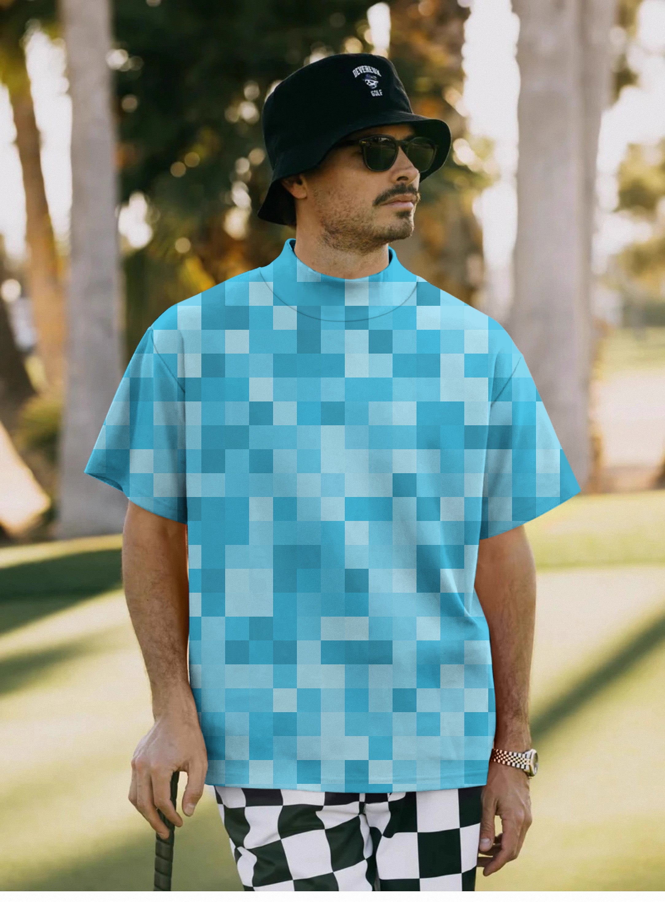 Men's Blue Pixel Big Pullover High neck Long/Short sleeve T-Shirt