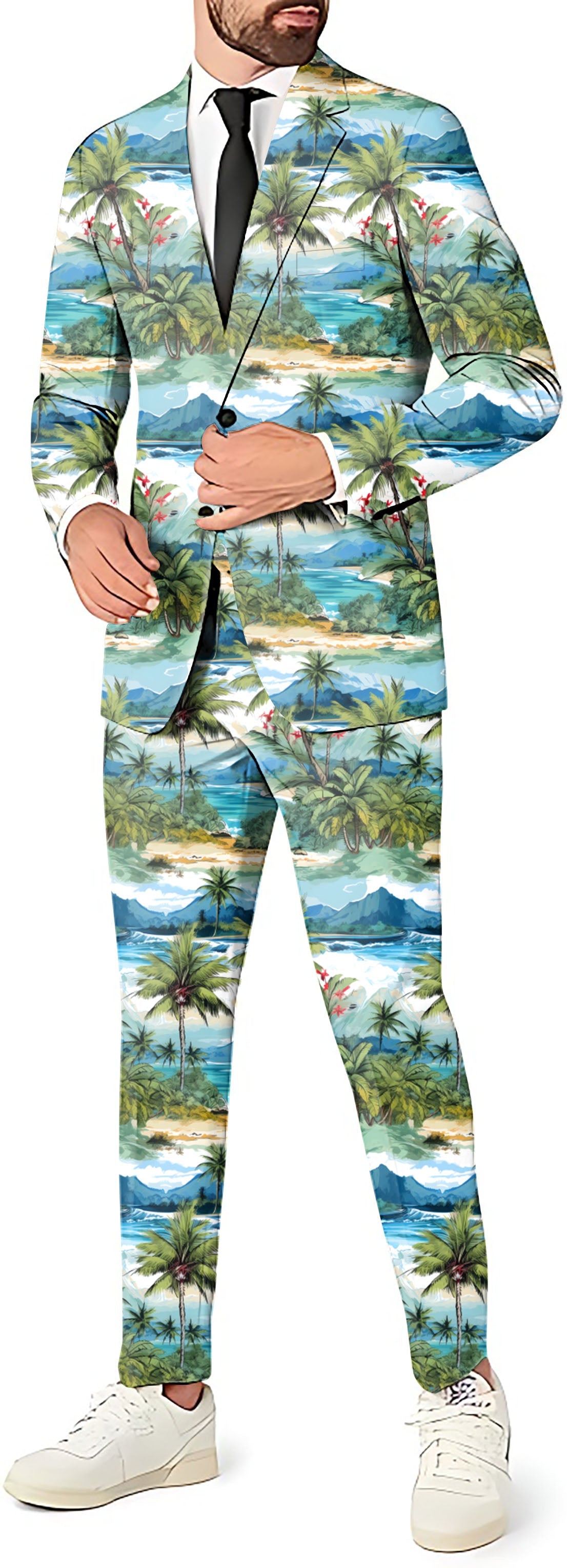 Men's Hawaii palm tree party suit set with blazer, pants, and vest in tropical print