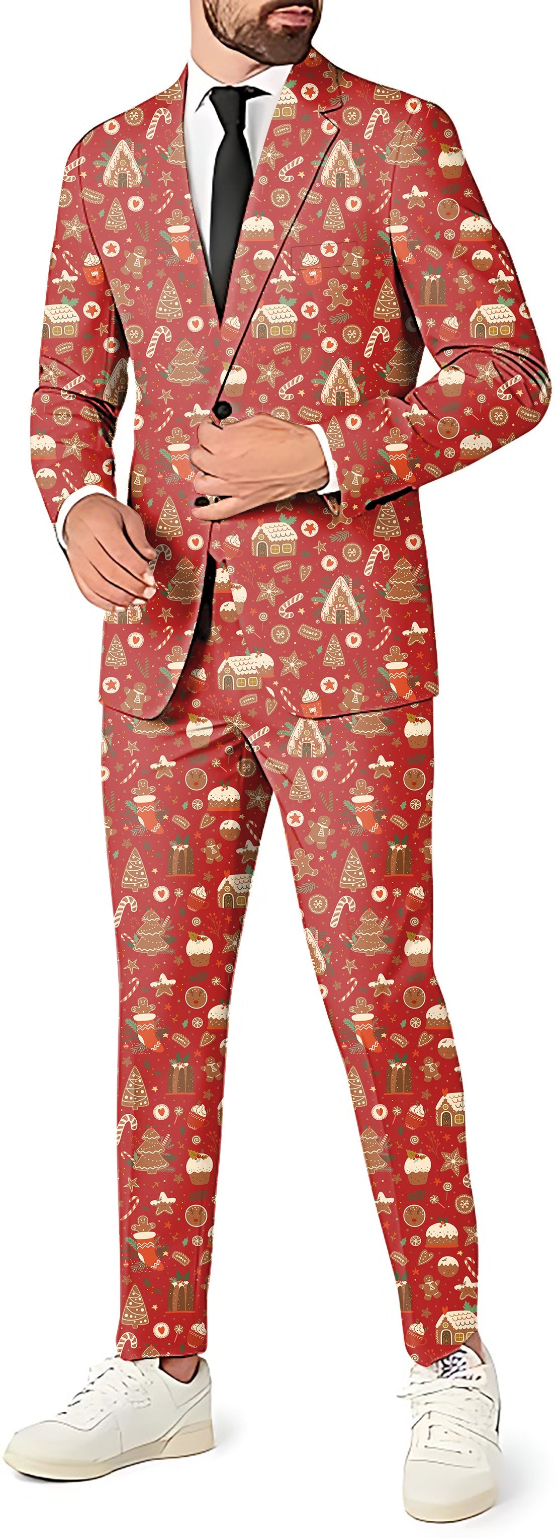Red Christmas Candy House men's party costume suit with blazer, vest, and pants in festive themed print