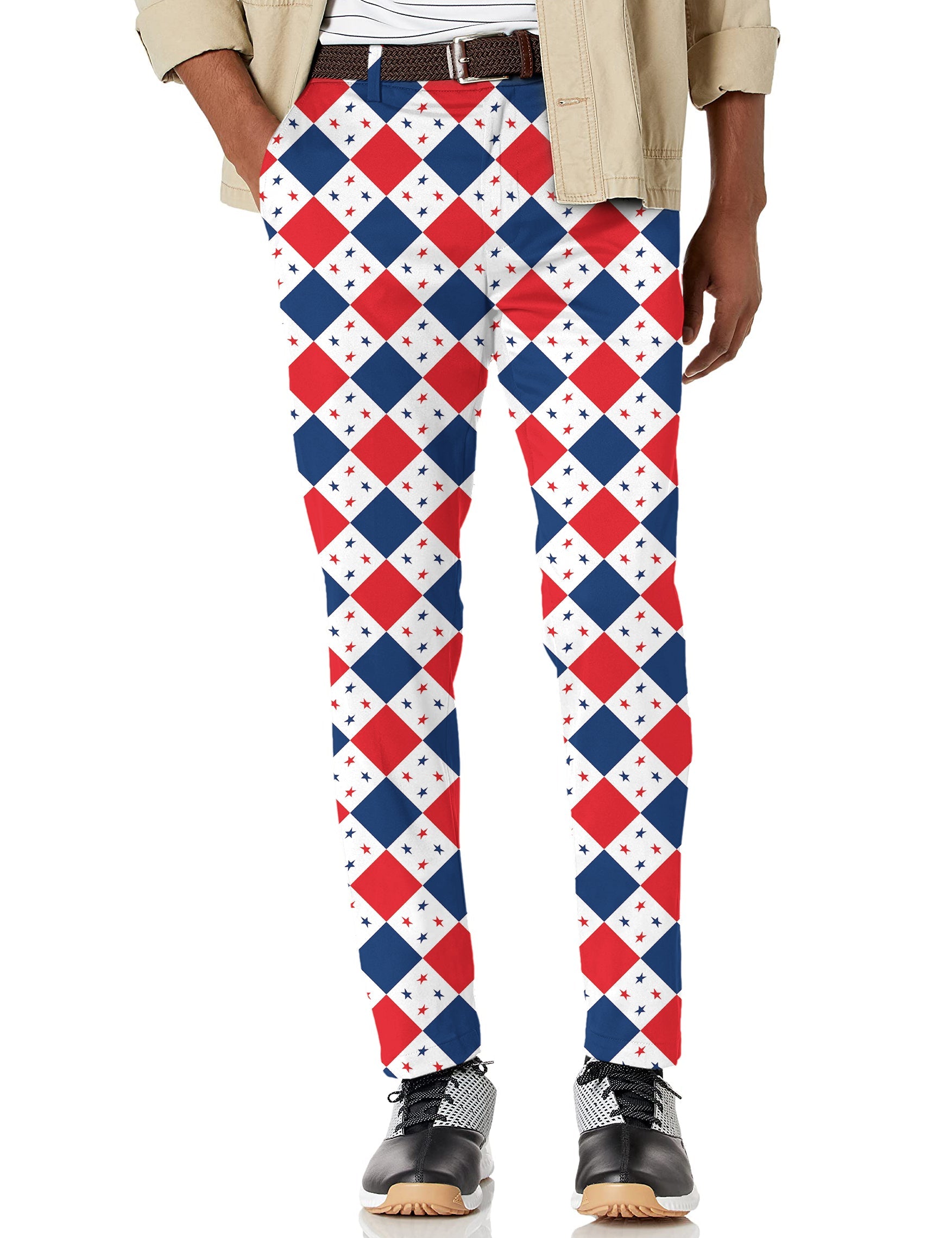 Men's Argyle US Star flag stretch golf pants with moisture-wicking fabric and classic pockets