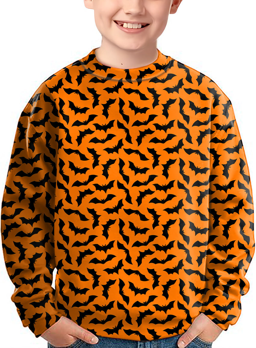 Kids Halloween Bat Custom orange and black crewneck pullover sweater with bat pattern