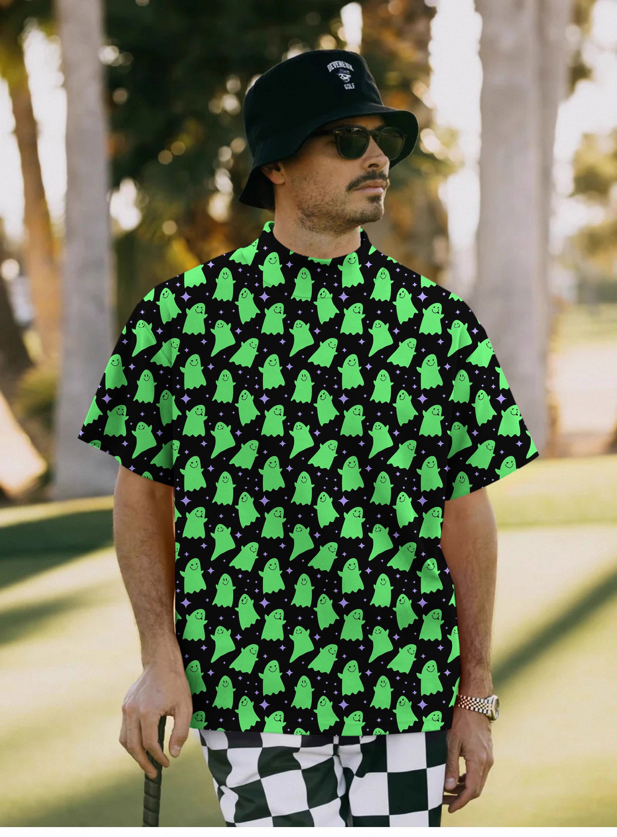 Men's Green Ghost Halloween pullover t-shirt with high neck and ghost pattern