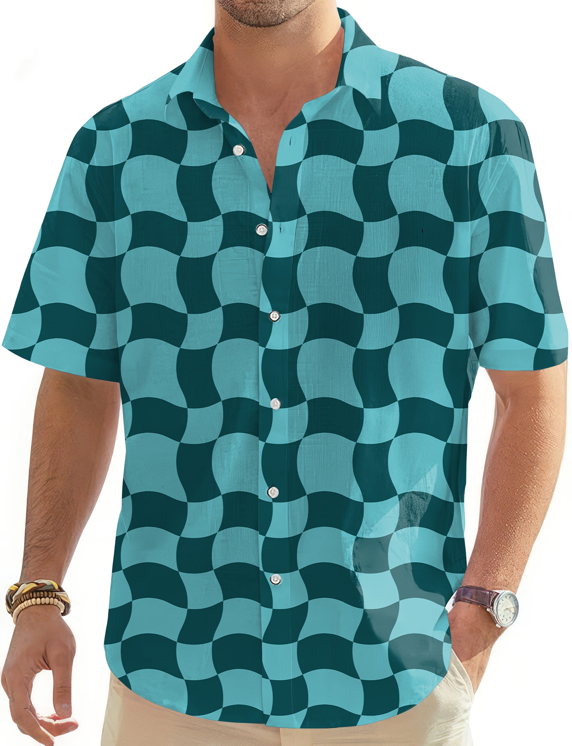 Wavy SquareTanjirou Men's Golf Hawaiian shirt with wavy square pattern, short sleeve button-down design.