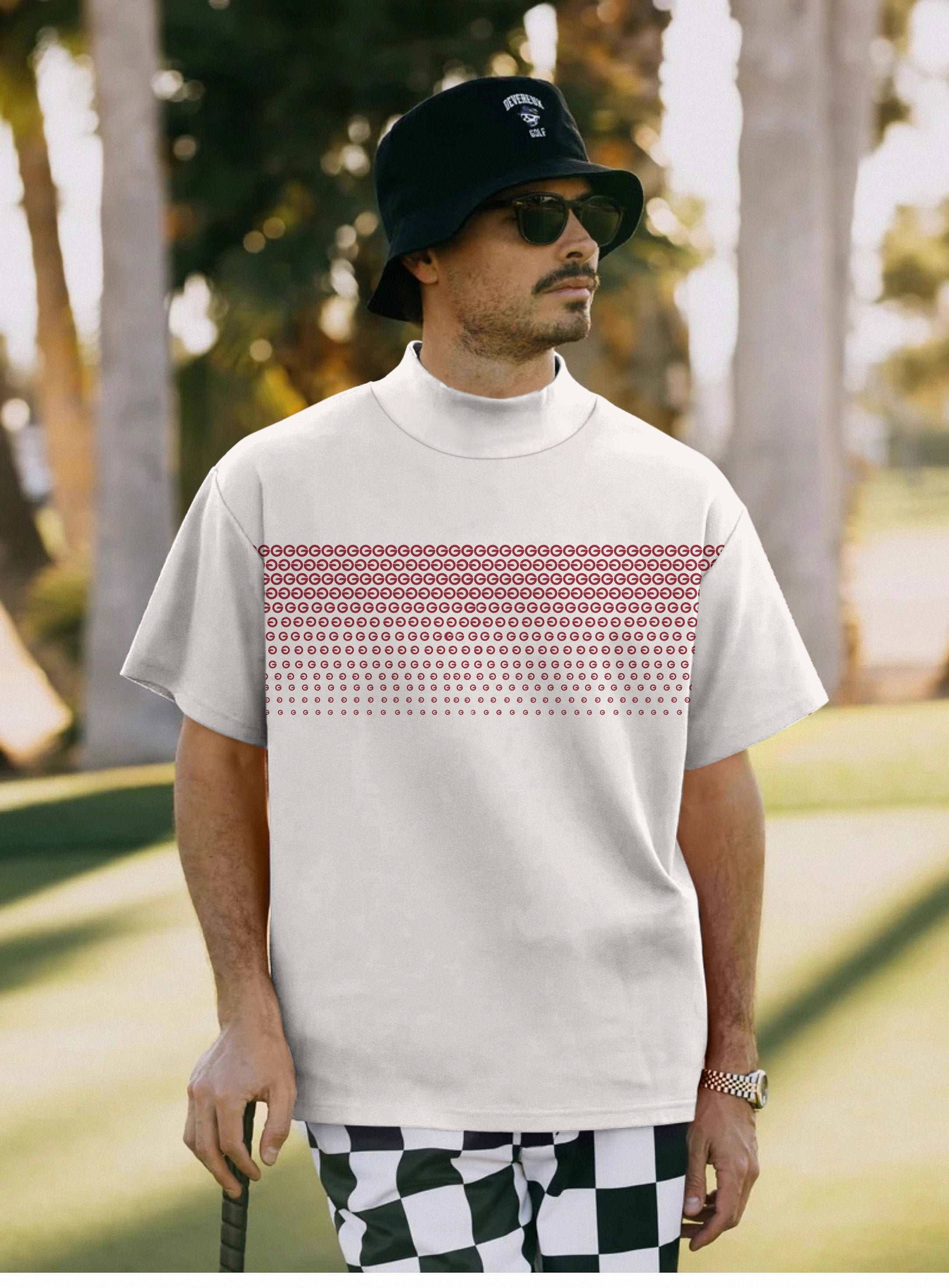 Men's high neck pullover T-shirt with red G pattern and short sleeves