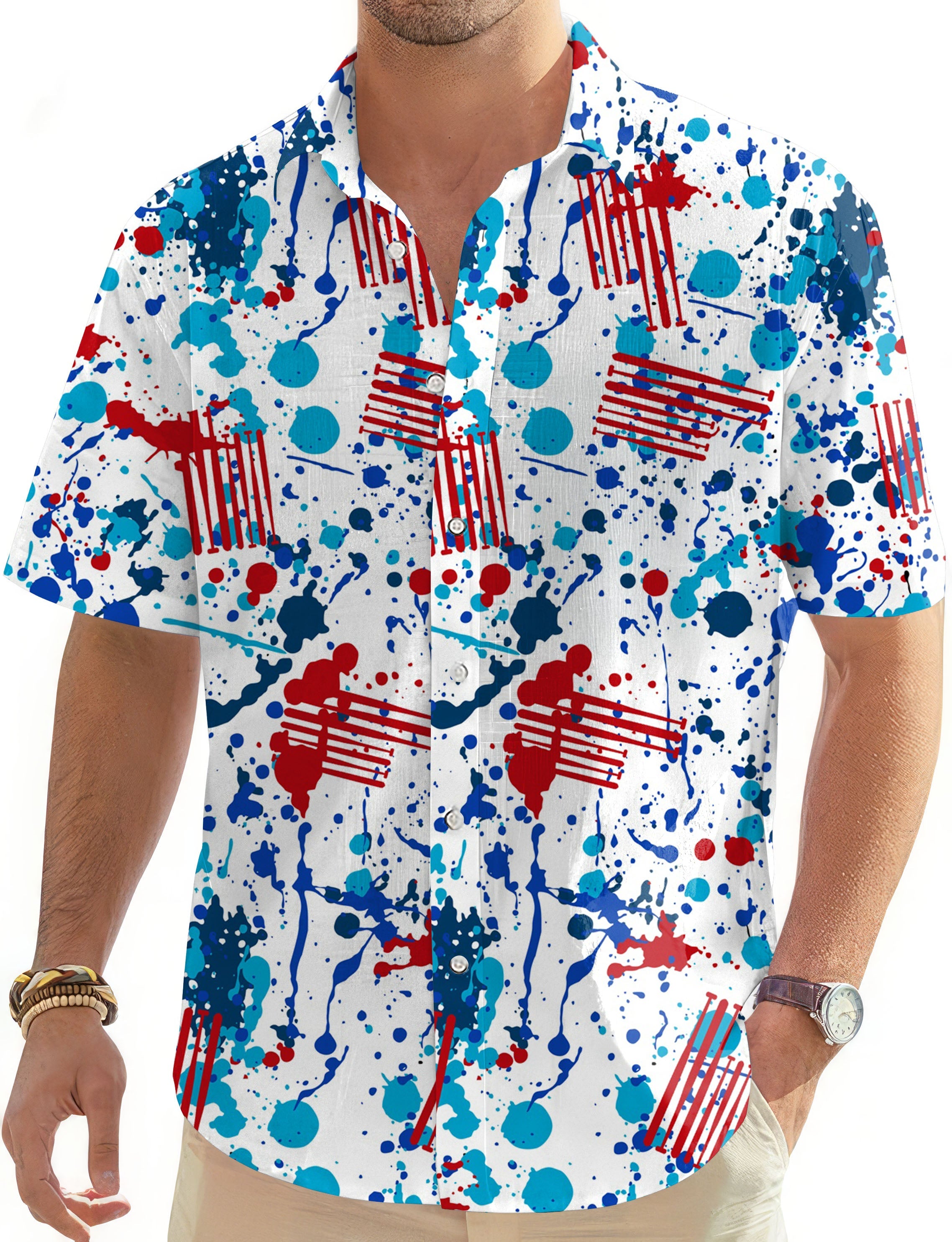 Men's graffiti-style Hawaiian golf shirt with button-down front and colorful splatter design