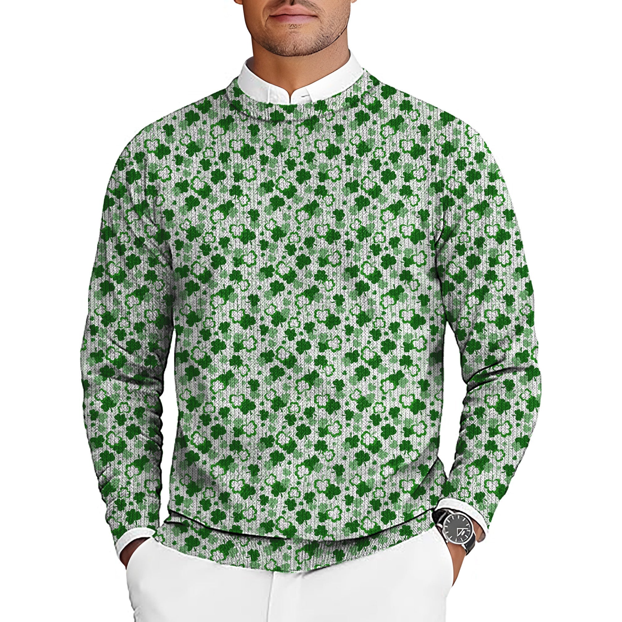 Men's St. Patrick's Day golf crewneck pullover sweater with green leaf clover pattern, ugly sweater style