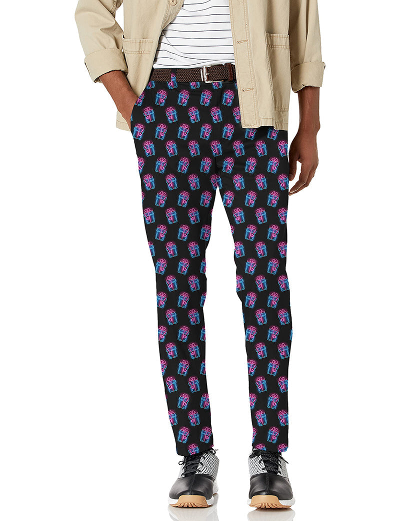 Men's Christmas gift stretch golf pants with colorful gift print, lightweight and moisture-wicking fabric