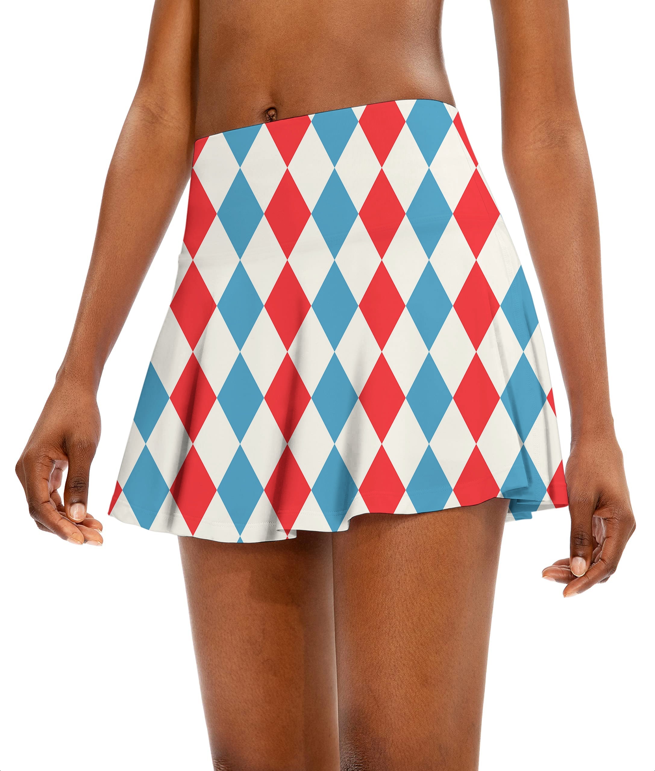 Women's athletic golf skort with geometric checkerboard argyle pattern in red, blue, and white