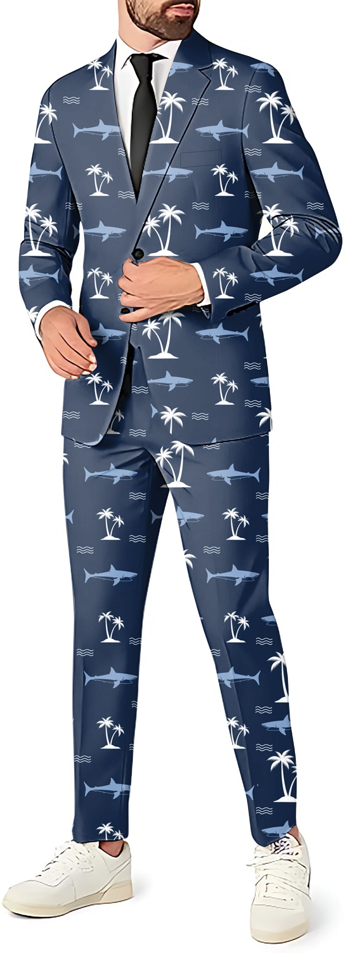 Shark Island men's party costume 3-piece suit with blazer, pants, and vest in tropical print