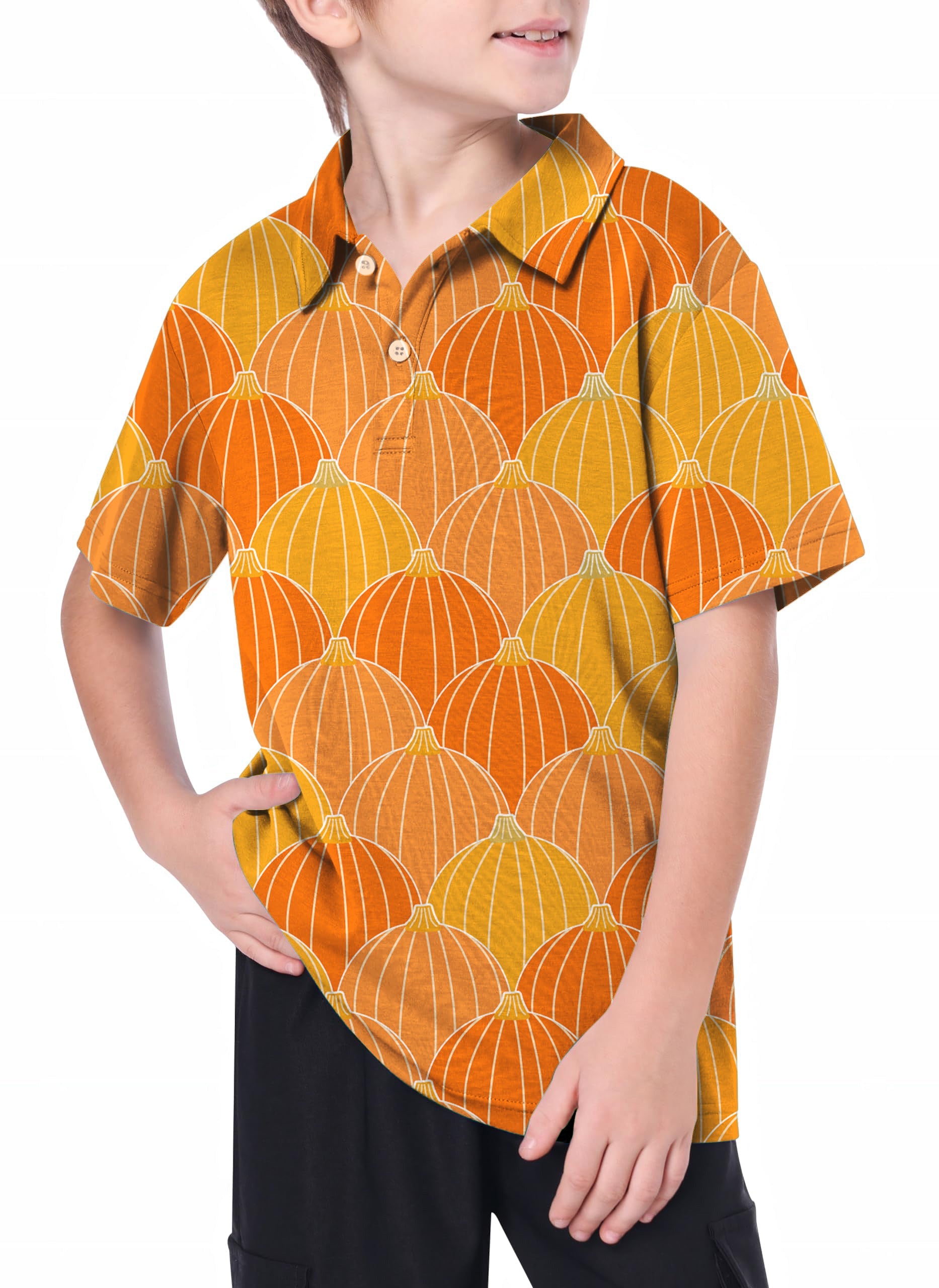 Youth golf polo with Halloween Thanksgiving pumpkin design, moisture-wicking and wrinkle-resistant performance shirt.