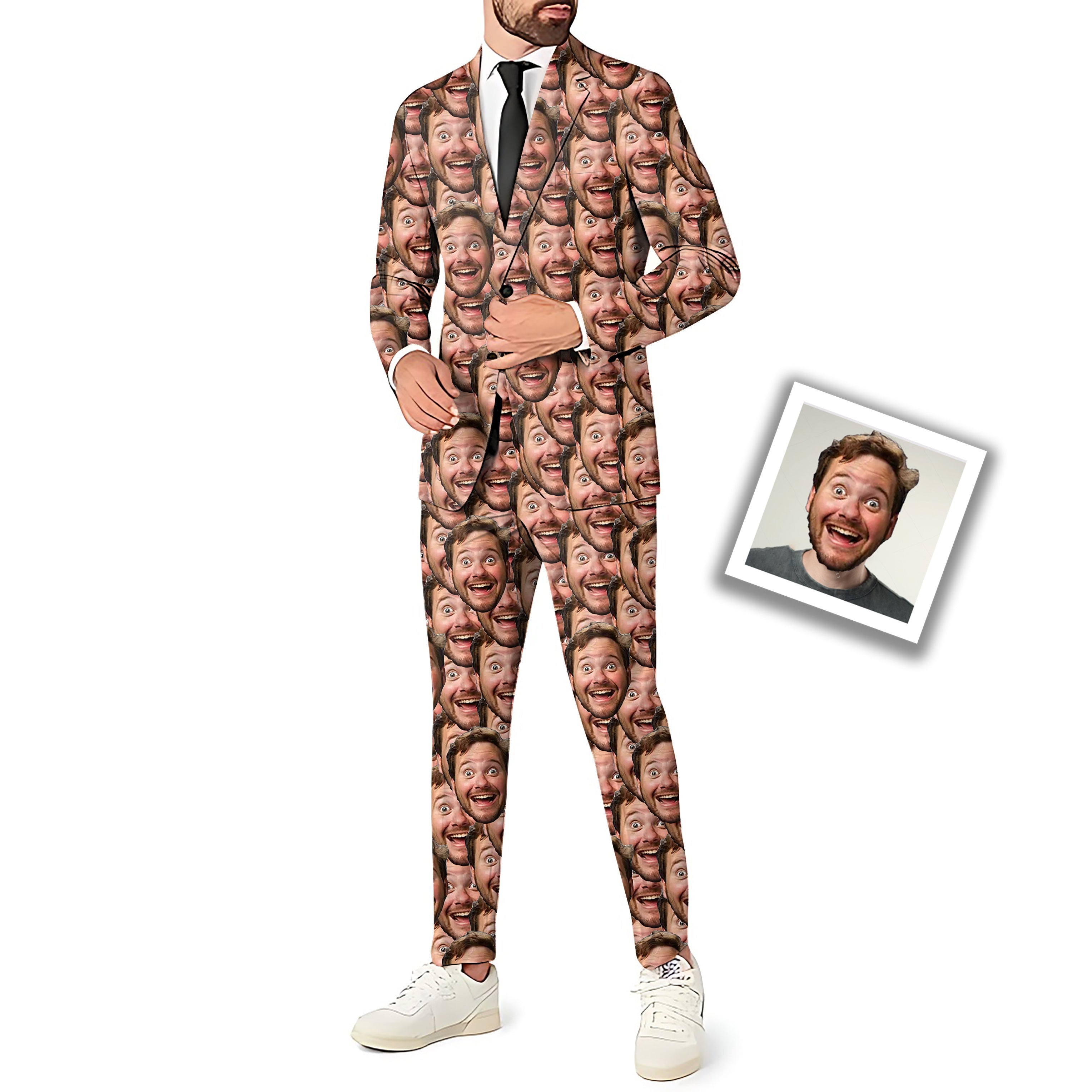 Custom photo men's party costume suit with multiple faces print including blazer, pants, and vest