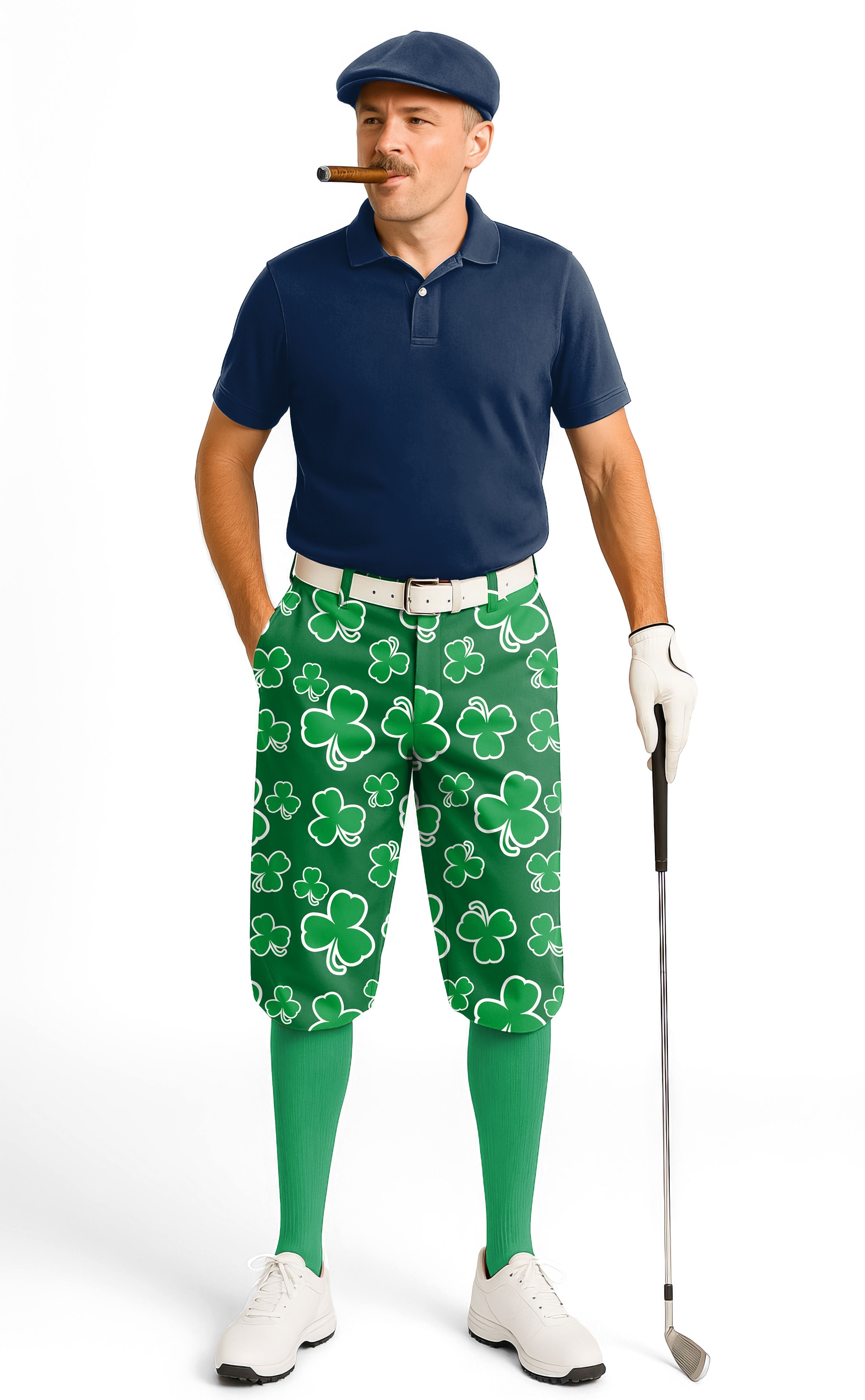 Men's golf knickers with bright green leaf clover pattern, ankle cuffs, and adjustable waistband, perfect for St. Patrick's Day.