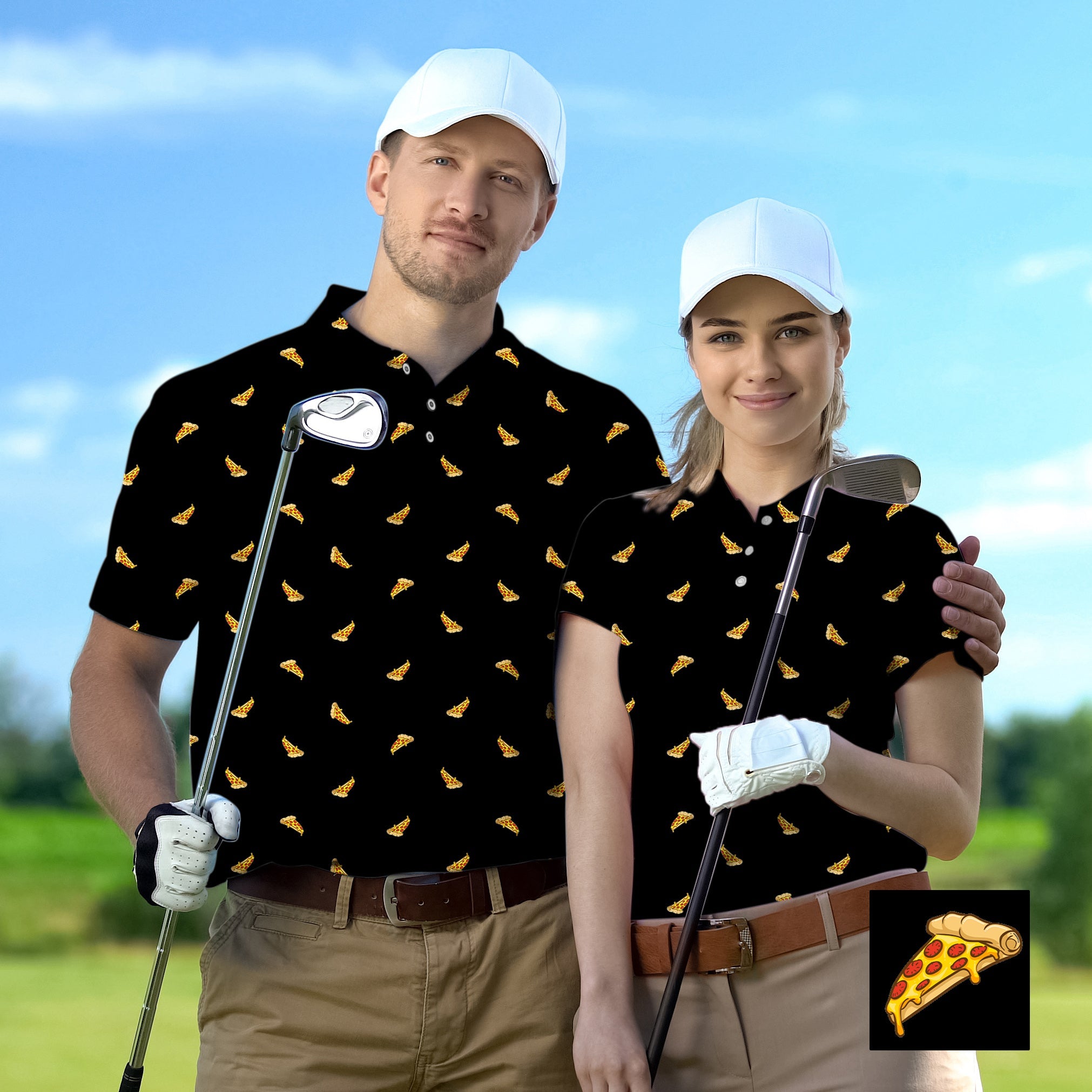 Couple wearing white pizza custom golf shirts with white caps holding golf clubs on golf course background