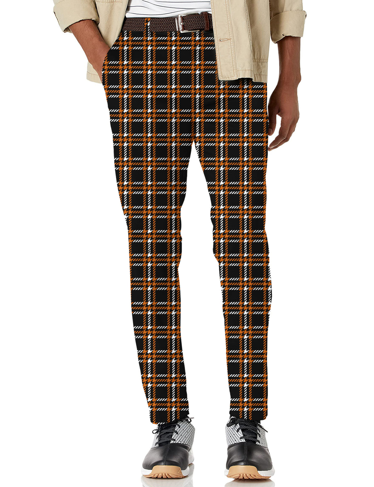 Men's Halloween black yellow white grid Stretch Golf Pants
