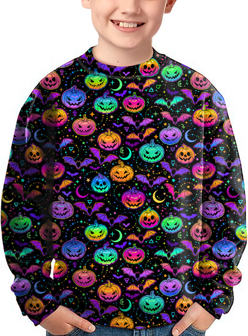 Kids neon Halloween pumpkin crewneck pullover with colorful pumpkins and bats pattern