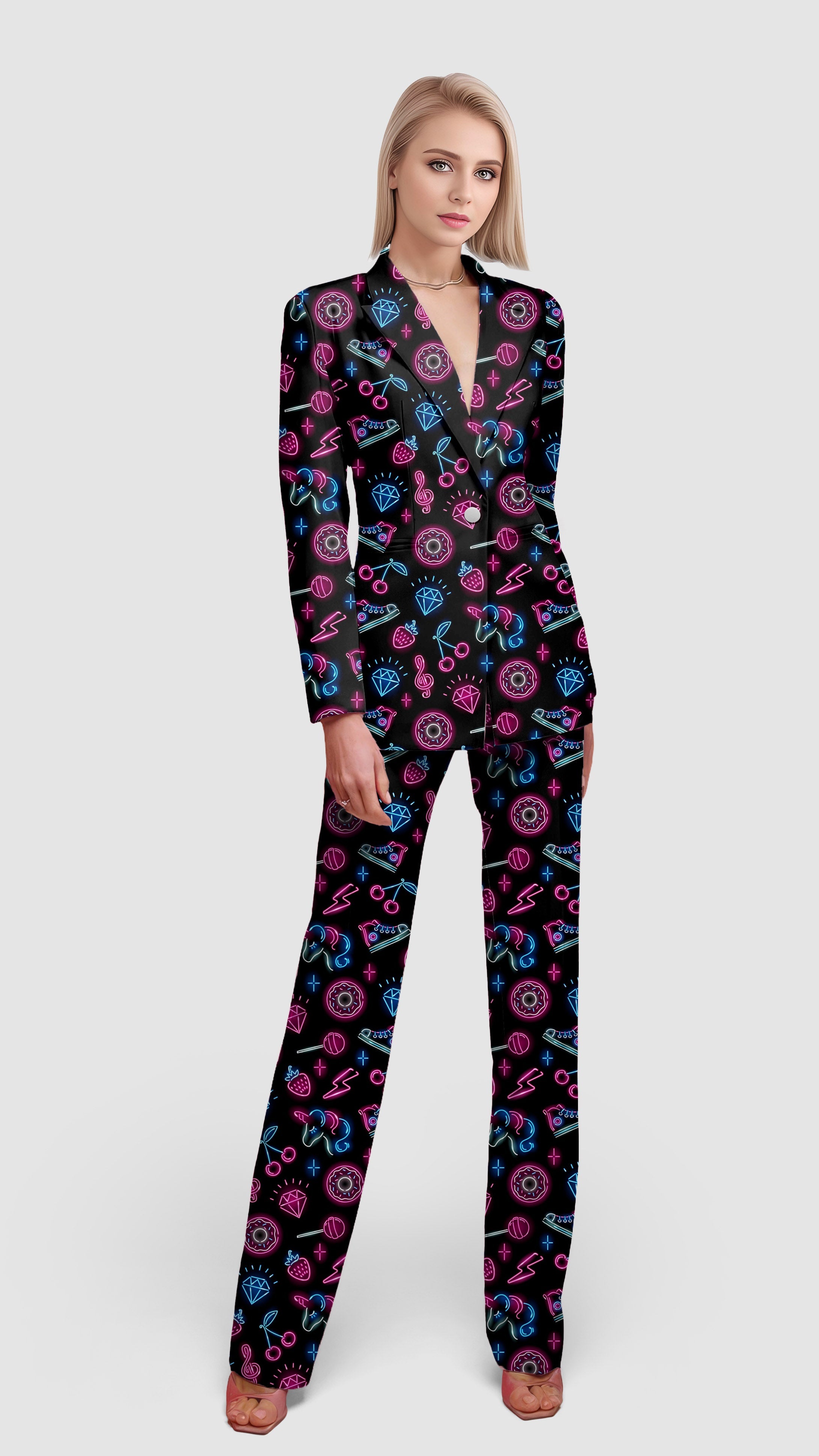 neon Love-Women's blazer suit set with colorful neon pattern on black, perfect for casual and office wear