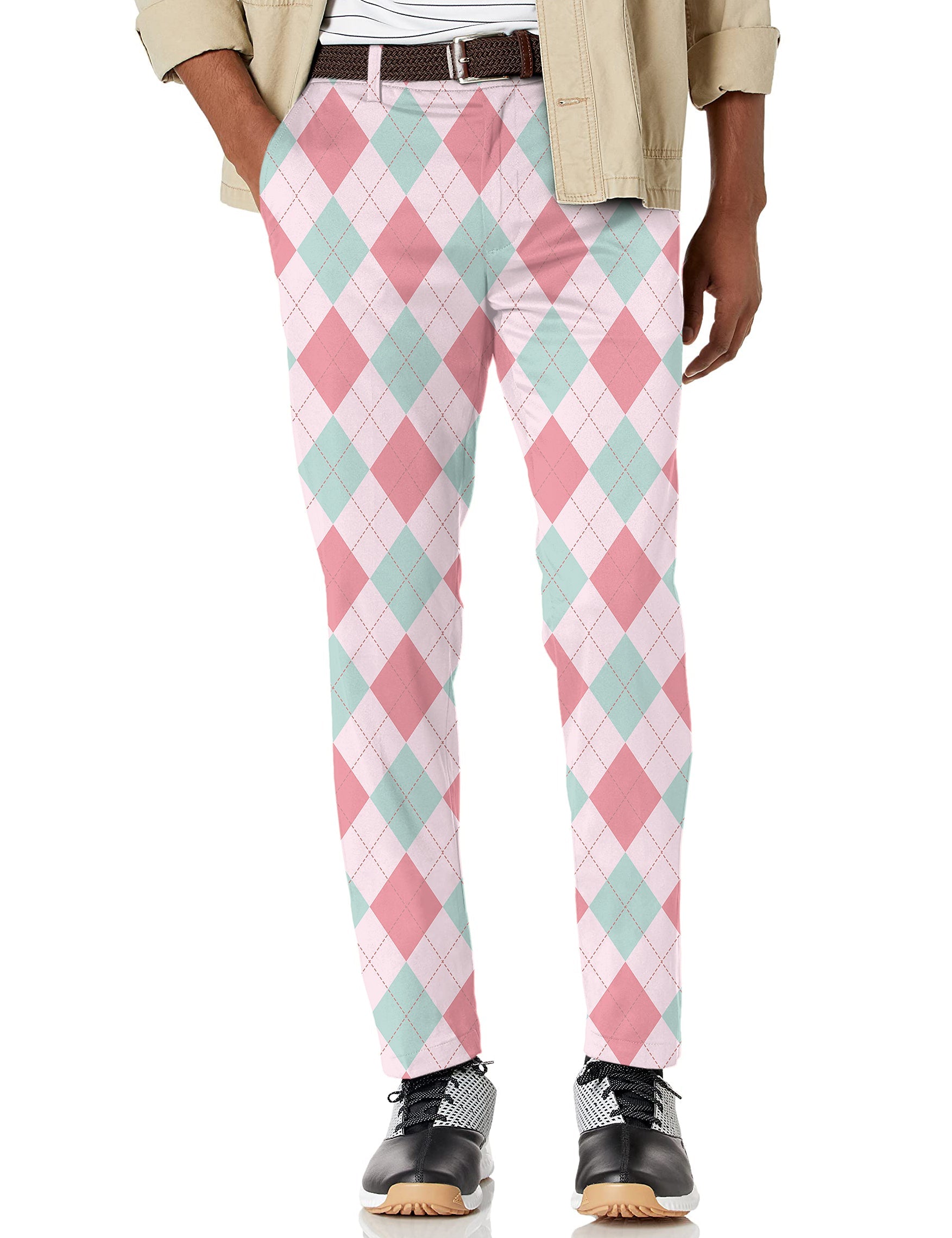 Men's pink argyle stretch golf pants with moisture-wicking fabric and active waistband