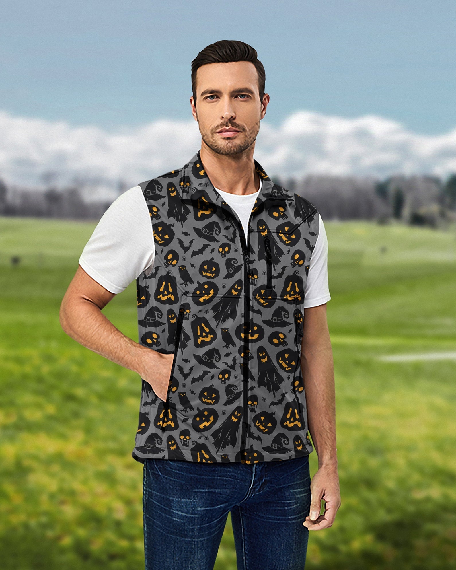 Men's spooky Halloween lightweight softshell vest with Halloween pumpkin and bat patterns, sleeveless and windproof waterproof jacket for golf