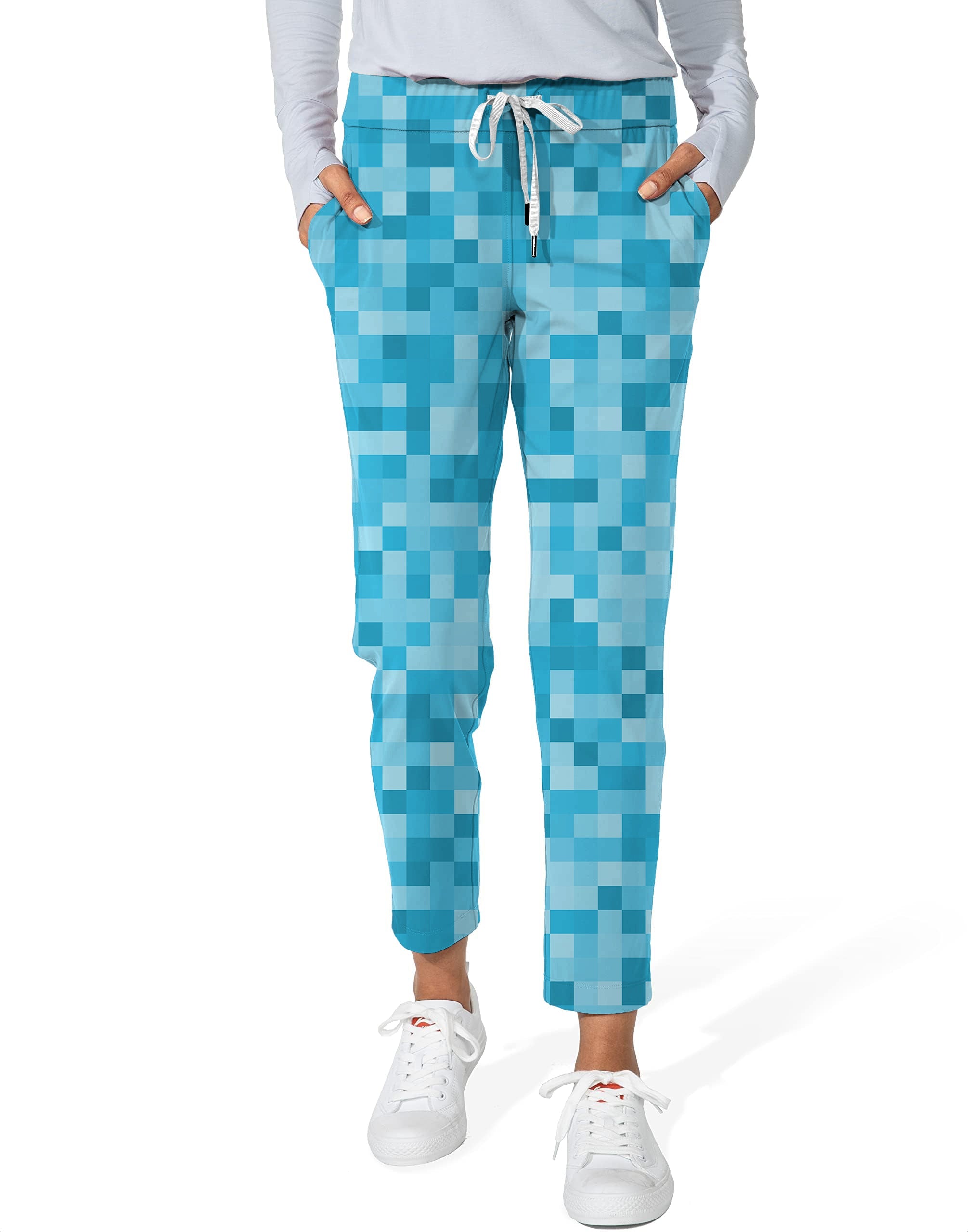 Blue Pixel Big Women's 7/8 stretch ankle golf pants with pixel pattern and drawstring waist