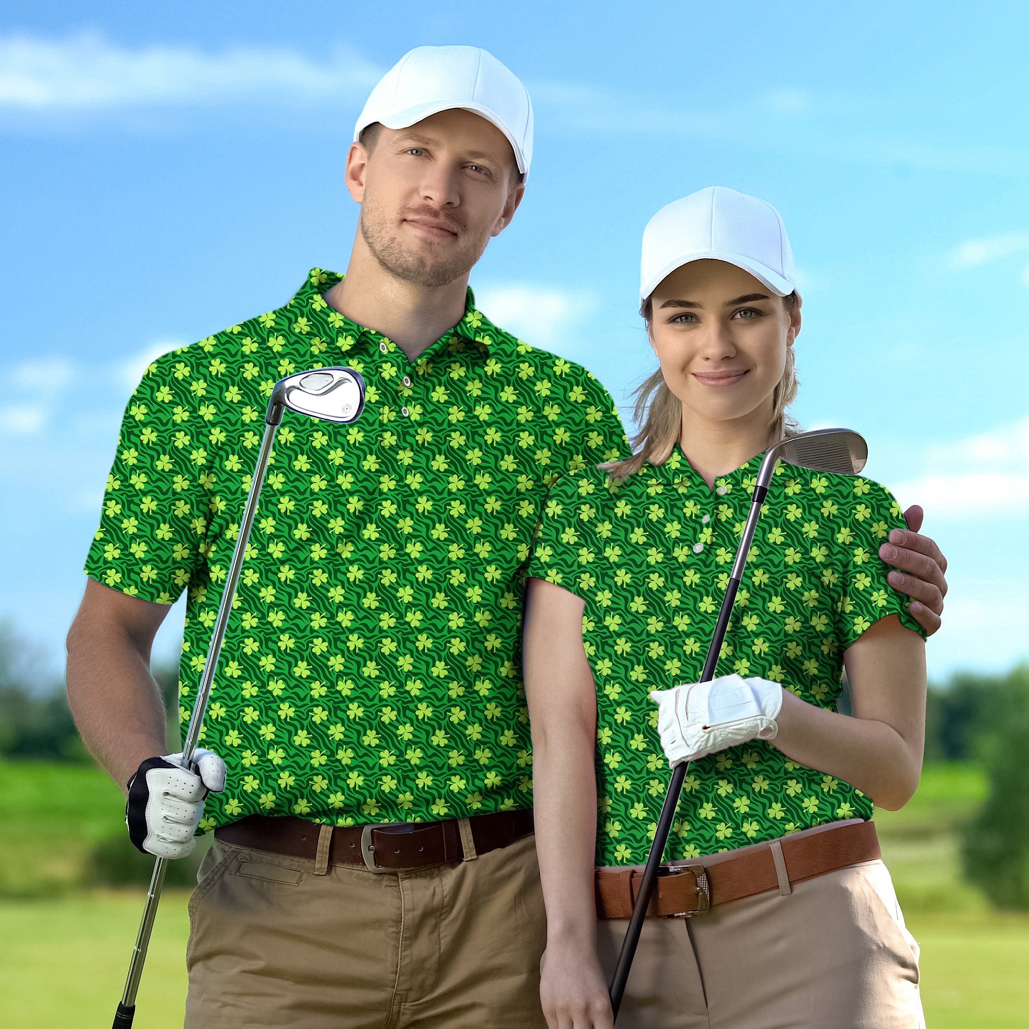 Golf polo couple family set with green leaf clover and zebra pattern for St. Patrick's Day golf tournament