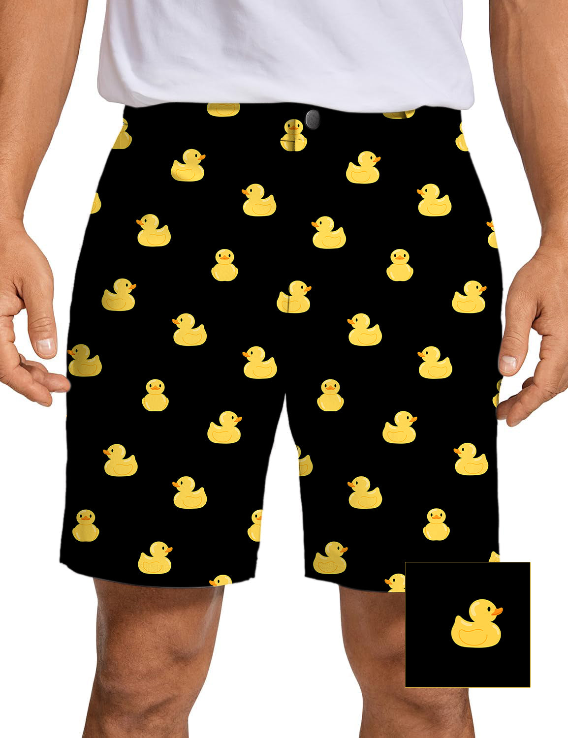 Men's yellow rubber duck patterned golf shorts in black background, lightweight and quick-dry fabric